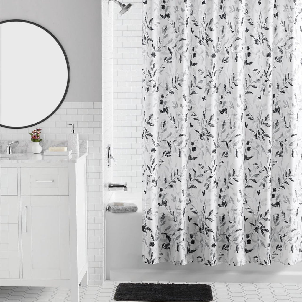 Mainstays 16-Piece Black and White Botanical Shower Curtain Bathroom Set  Fabric Curtain with Rug, Hooks, Soap Dispenser & Tray