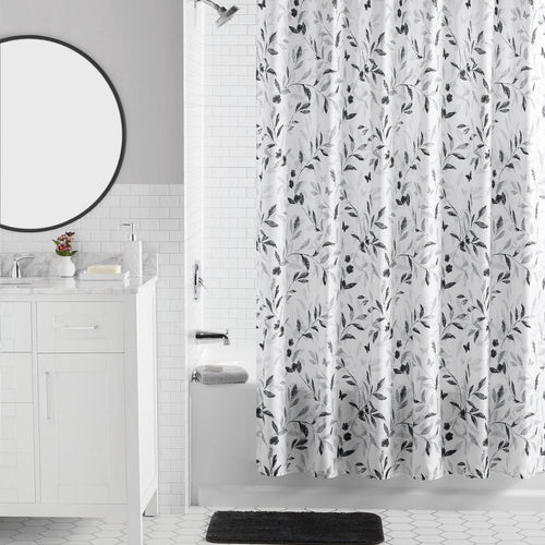 Mainstays 16-Piece Black and White Botanical Shower Curtain Bathroom Set  Fabric Curtain with Rug, Hooks, Soap Dispenser & Tray