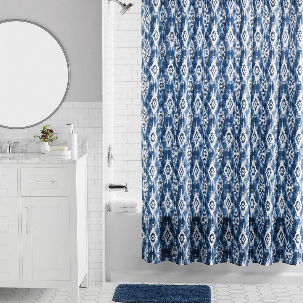 Mainstays 16-Piece Blue Ikat Shower Curtain Bathroom Set  Fabric Curtain with Rug, Hooks, Soap Dispenser & Tray