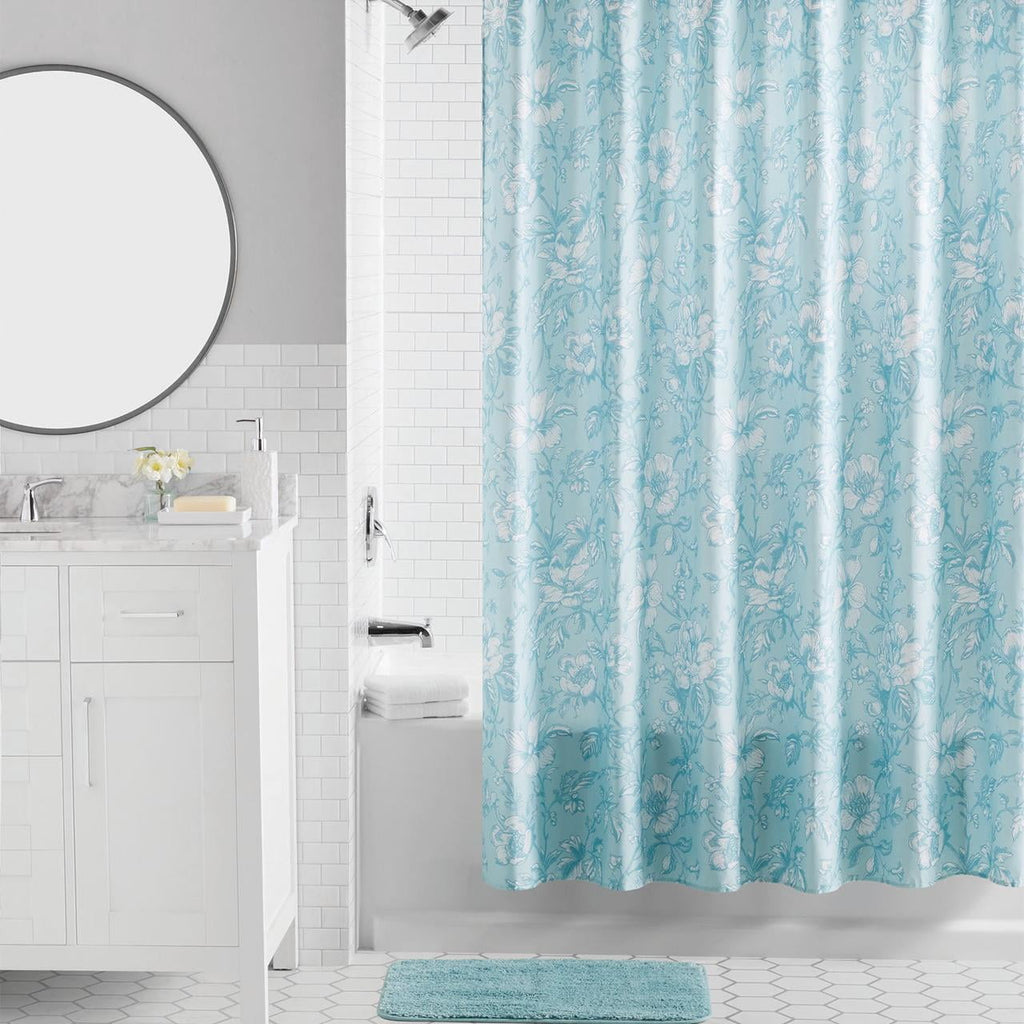16-Piece Blue Floral Shower Curtain Bathroom Set Fabric Curtain with Rug, Hooks, Soap Dispenser & Tray