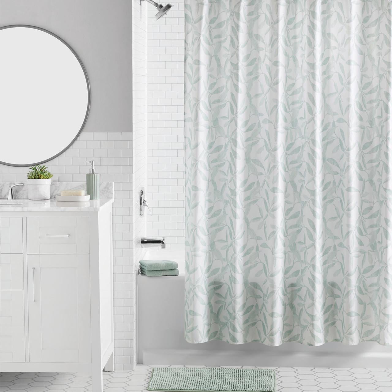 16-Piece Green Leaf Shower Curtain Bathroom Set - Fabric Curtain with Rug, Hooks, Soap Dispenser & Tray