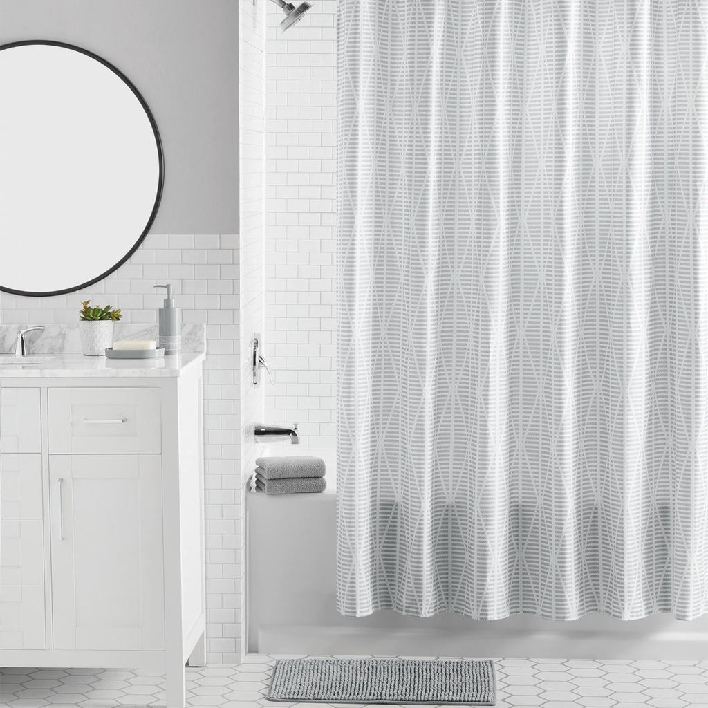 16-Piece Grey Diamond Geo Shower Curtain Bathroom Set Fabric Curtain with Rug, Hooks, Soap Dispenser & Tray