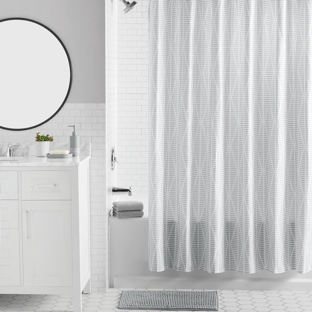 16-Piece Grey Diamond Geo Shower Curtain Bathroom Set Fabric Curtain with Rug, Hooks, Soap Dispenser & Tray