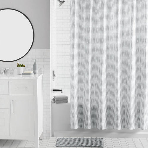 16-Piece Grey Diamond Geo Shower Curtain Bathroom Set Fabric Curtain with Rug, Hooks, Soap Dispenser & Tray