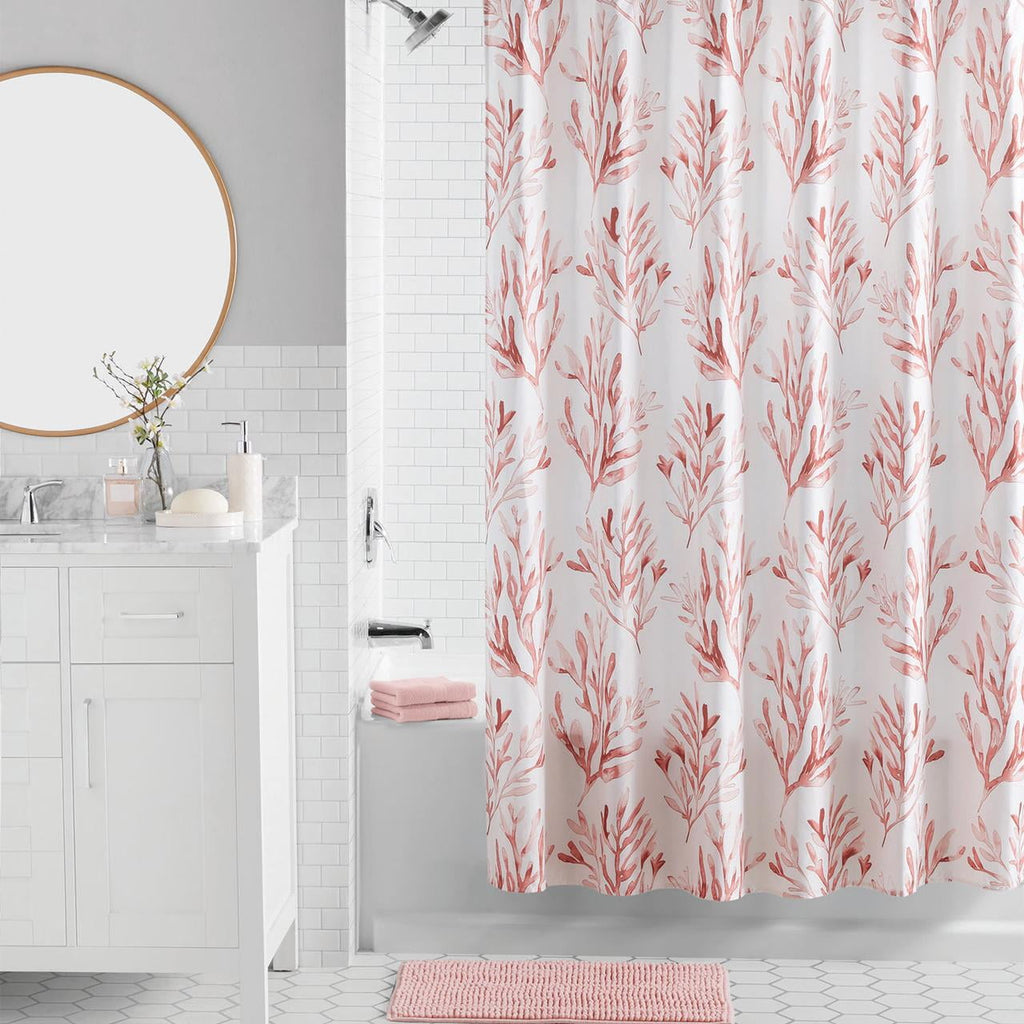 16-Piece Pink Coastal Botanical Shower Curtain Bathroom Set Fabric Curtain with Rug, Hooks, Soap Dispenser & Tray
