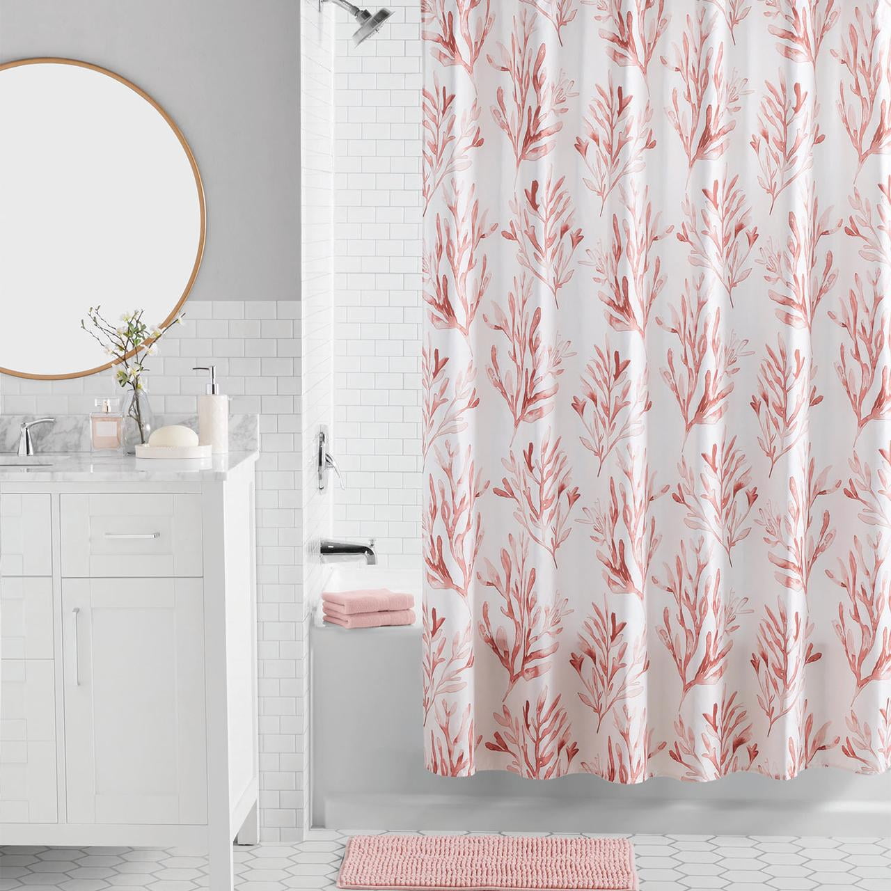 16-Piece Pink Coastal Botanical Shower Curtain Bathroom Set Fabric Curtain with Rug, Hooks, Soap Dispenser & Tray