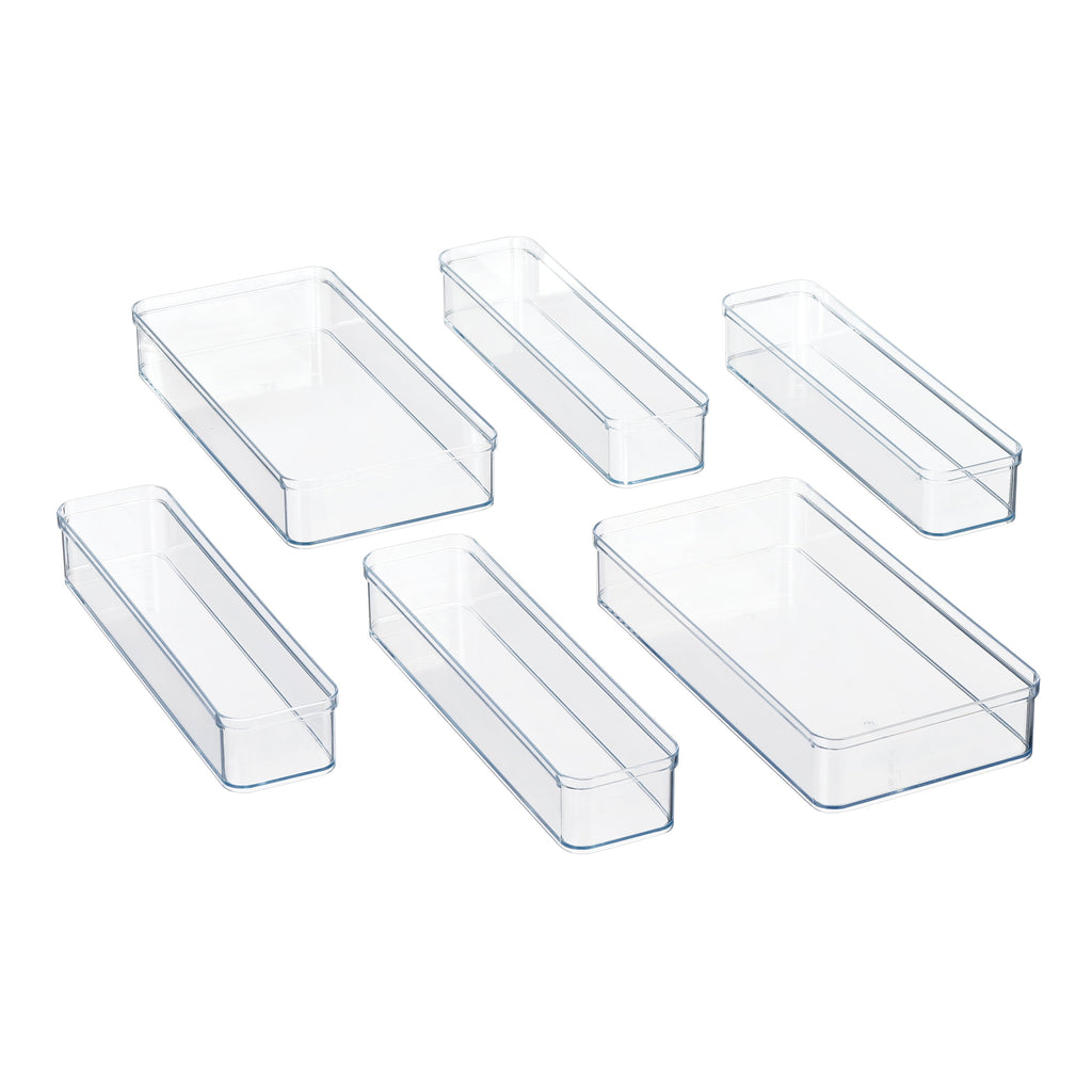 6-Piece Clear Plastic Drawer Storage Organizer Set, Kitchen, Desk and Bathroom Drawer Organizer Bins for Home Organiz...