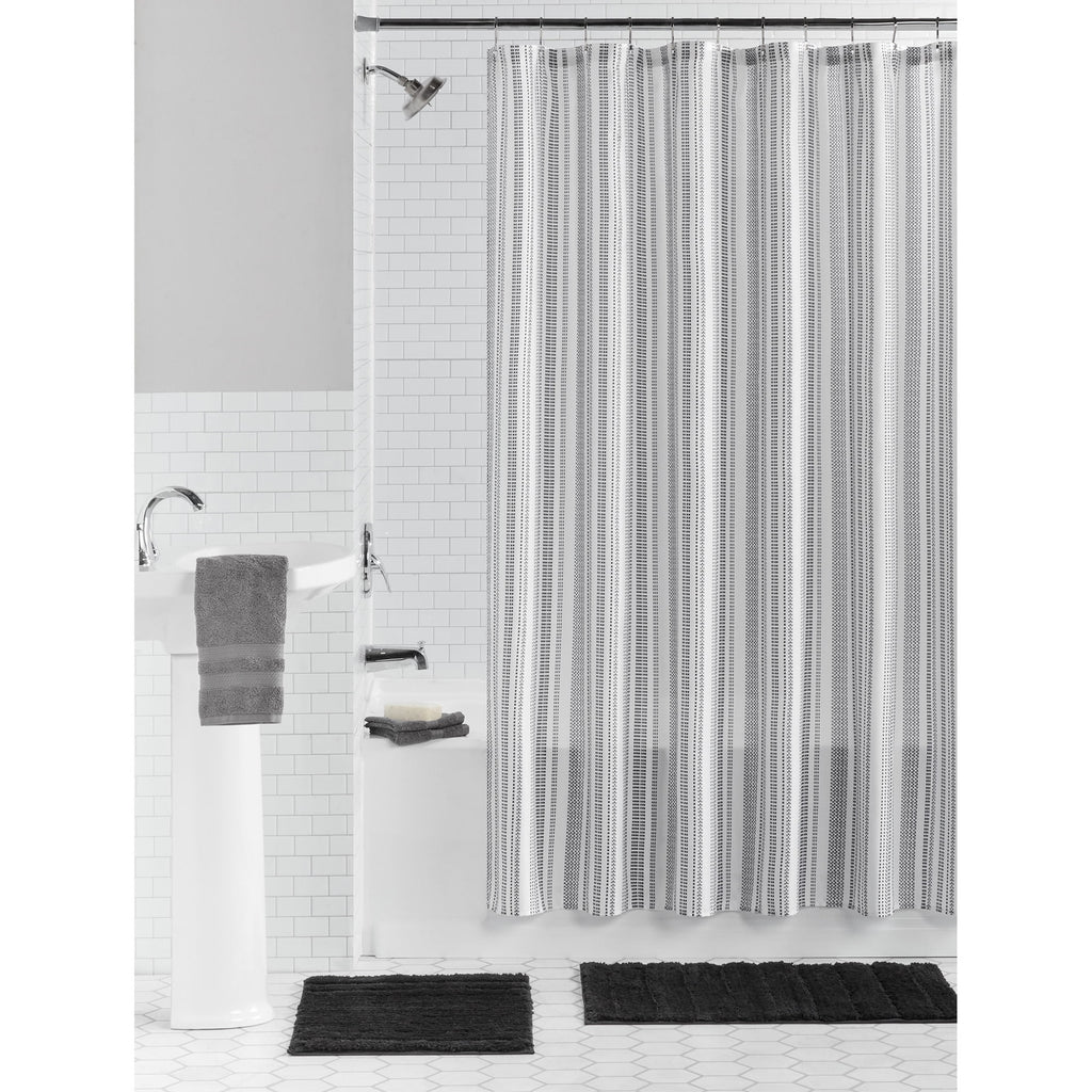 15-Piece Black & White Stripe Bathroom Set Shower Curtain, Bath Rugs & Hooks, Modern Washable Polyester