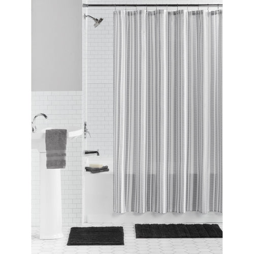 15-Piece Black & White Stripe Bathroom Set Shower Curtain, Bath Rugs & Hooks, Modern Washable Polyester