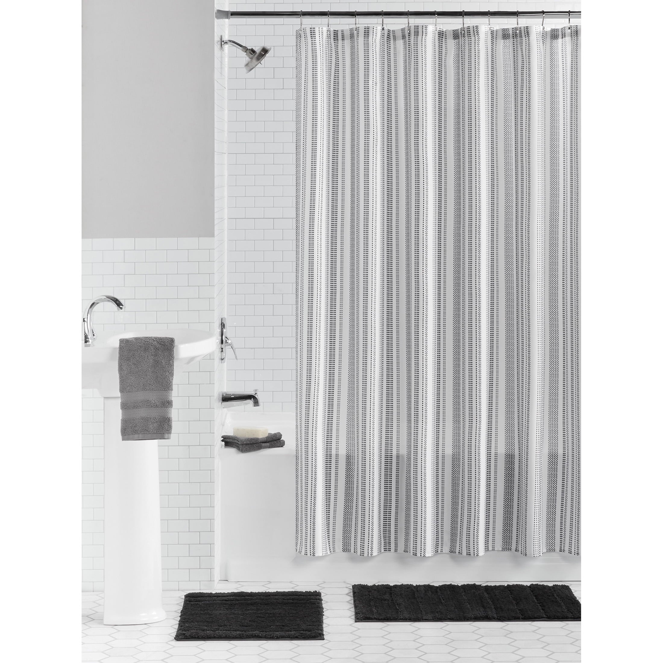 15-Piece Black & White Stripe Bathroom Set Shower Curtain, Bath Rugs & Hooks, Modern Washable Polyester