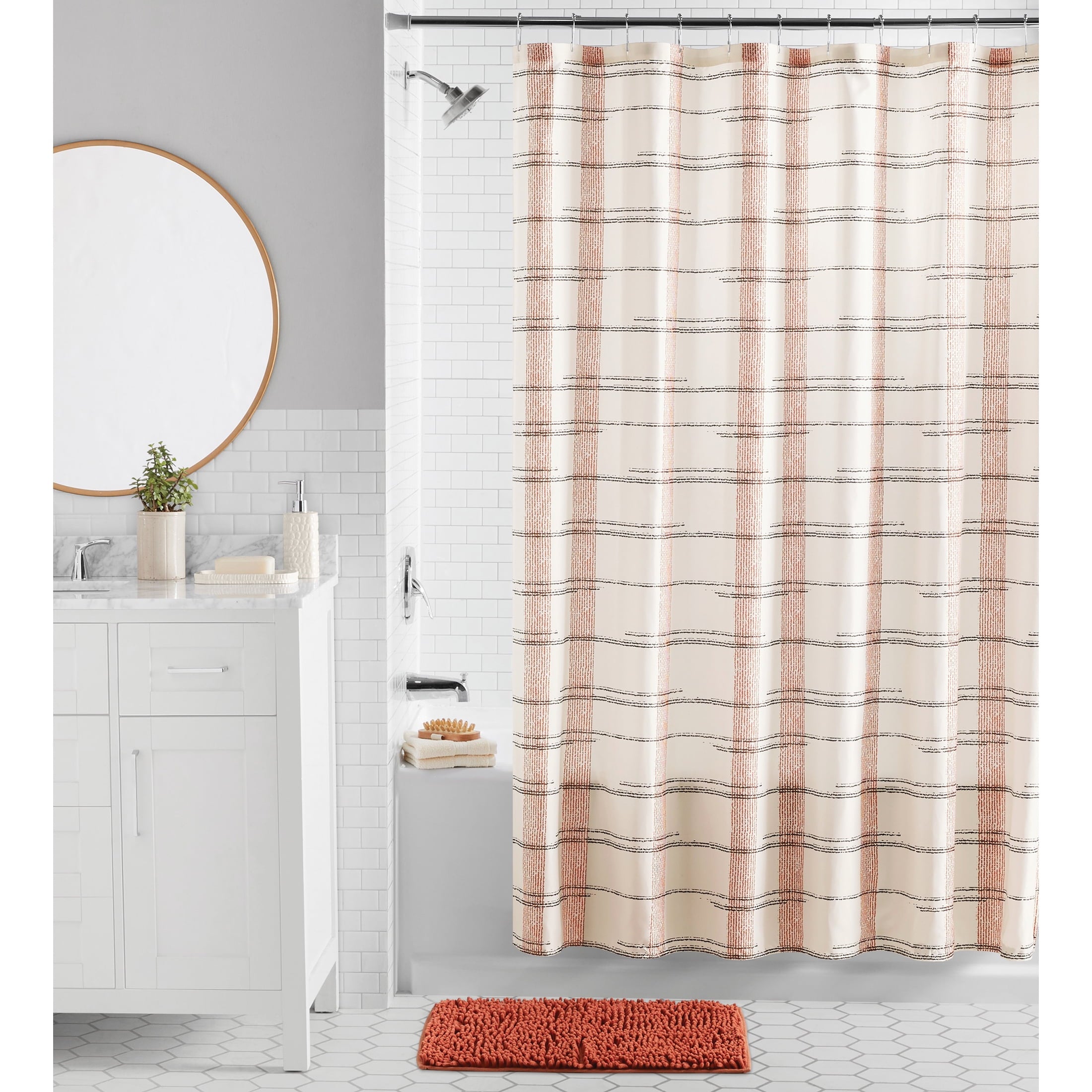 Red Plaid Shower Curtain Set – 16-Piece Bathroom Set with Hooks, Bath Rug, Soap Pump & Tray – Red Canyon, Machine Was...