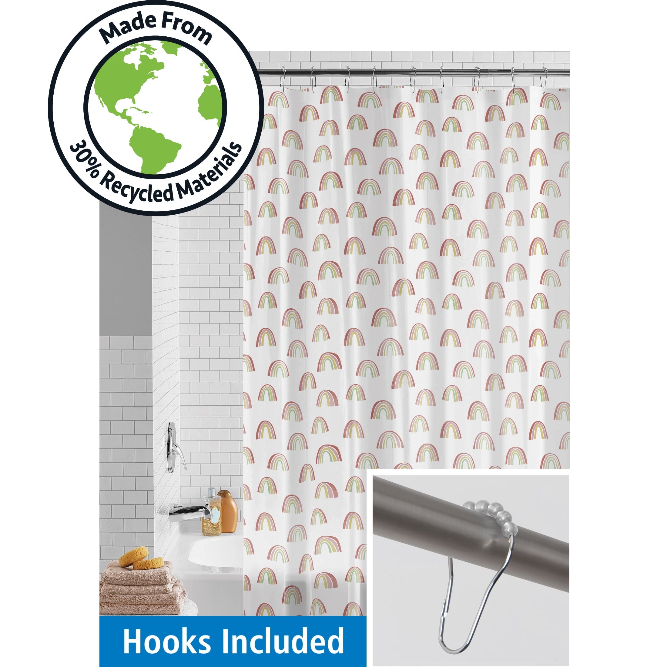 Waterproof Recycled Shower Curtain Set and 12 Hooks, Multicolor