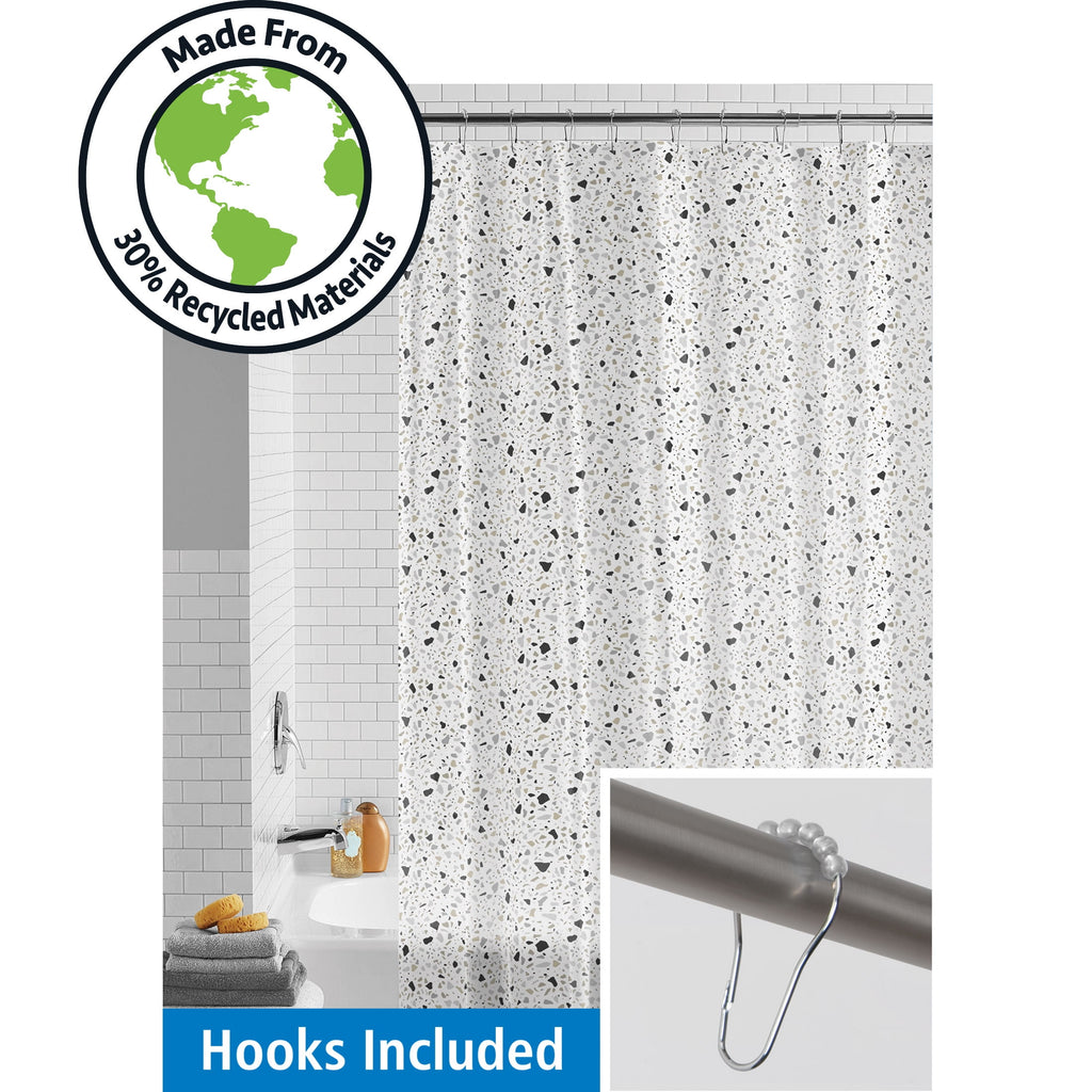 Waterproof Recycled Shower Curtain Set and Hooks, Black, White