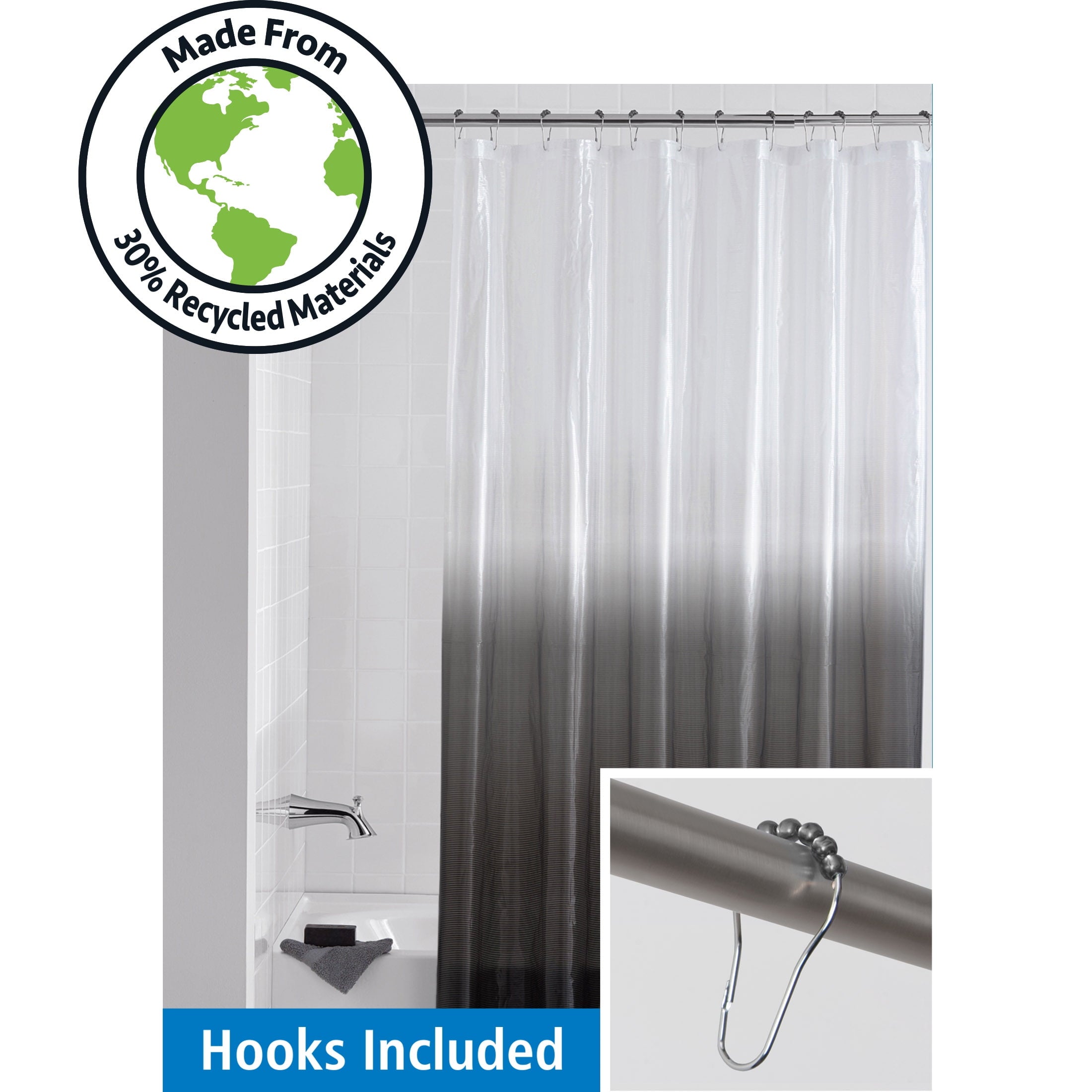 Recycled Dip Dye Black Ombre Shower Curtain Set with Hooks - 12 Hooks