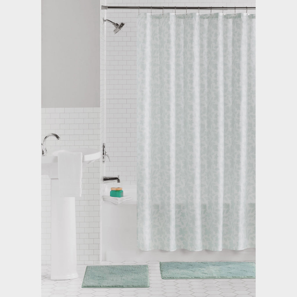 Mainstays 15-Piece Green Leaves Bathroom Set  Nature-Inspired Shower Curtain, Bath Rugs & Hooks, Washable Polyester