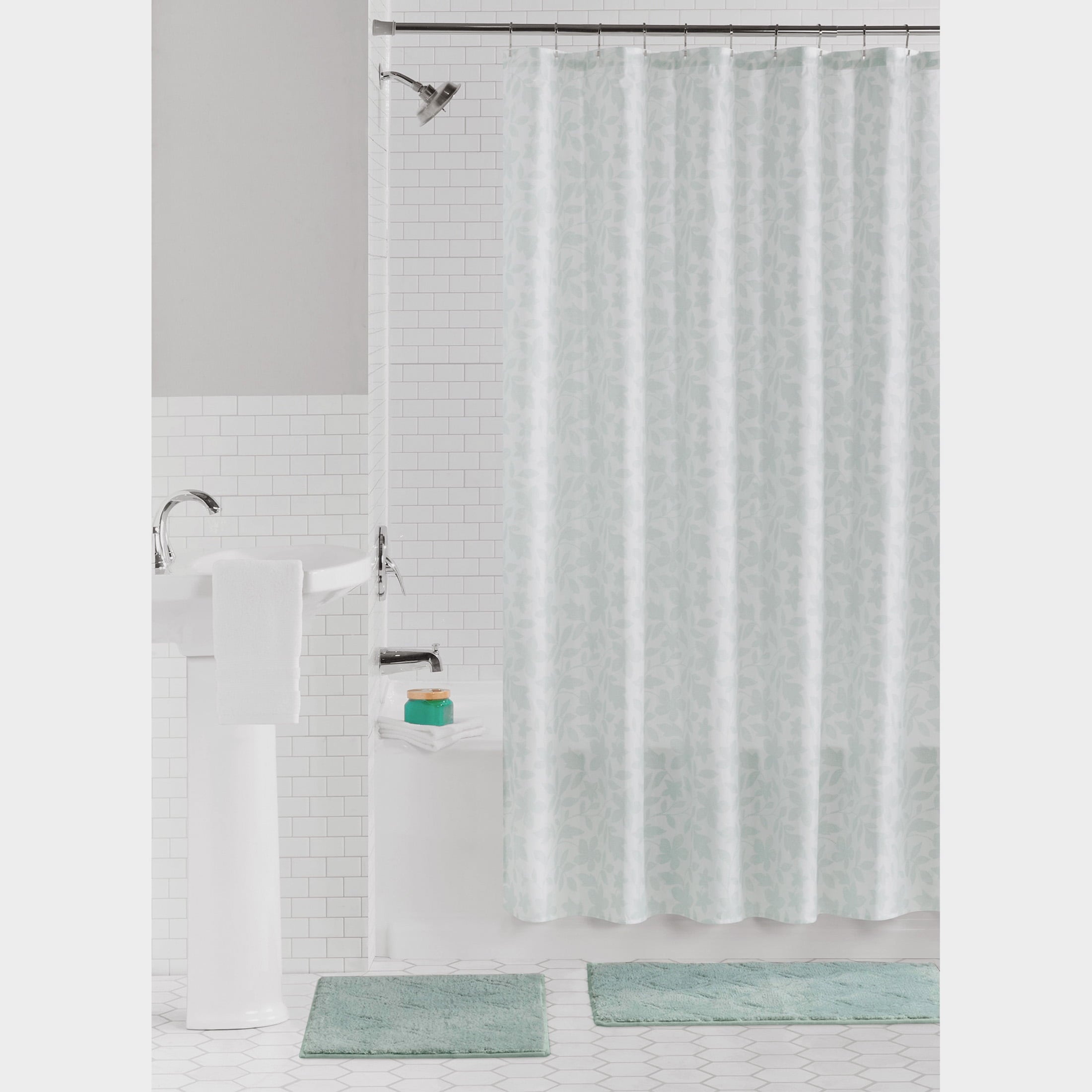 Mainstays 15-Piece Green Leaves Bathroom Set  Nature-Inspired Shower Curtain, Bath Rugs & Hooks, Washable Polyester