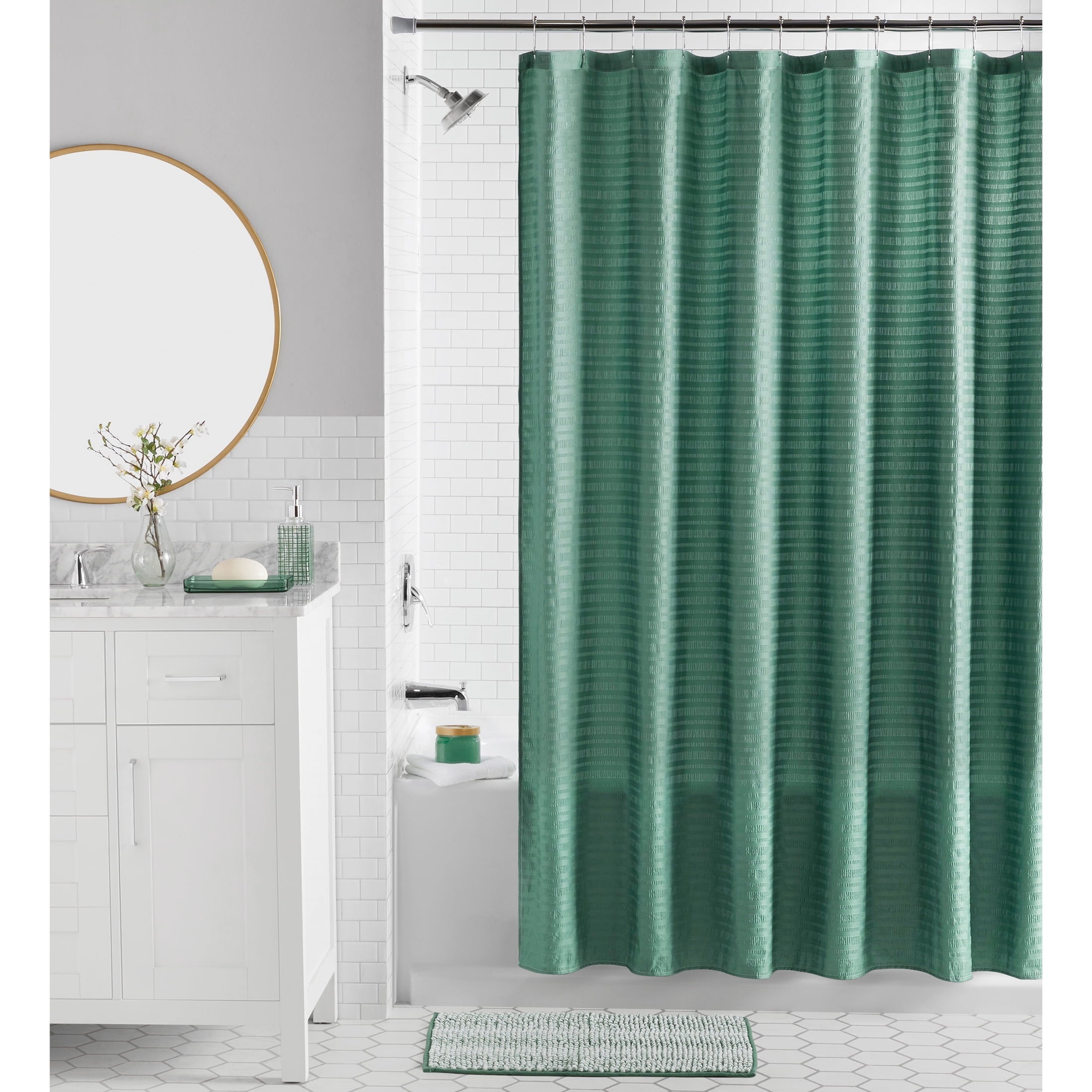 16-Piece Green Textured Solid Shower Curtain Bathroom Set – Green Fabric Curtain with Rug, Hooks, Soap Pump & Tray