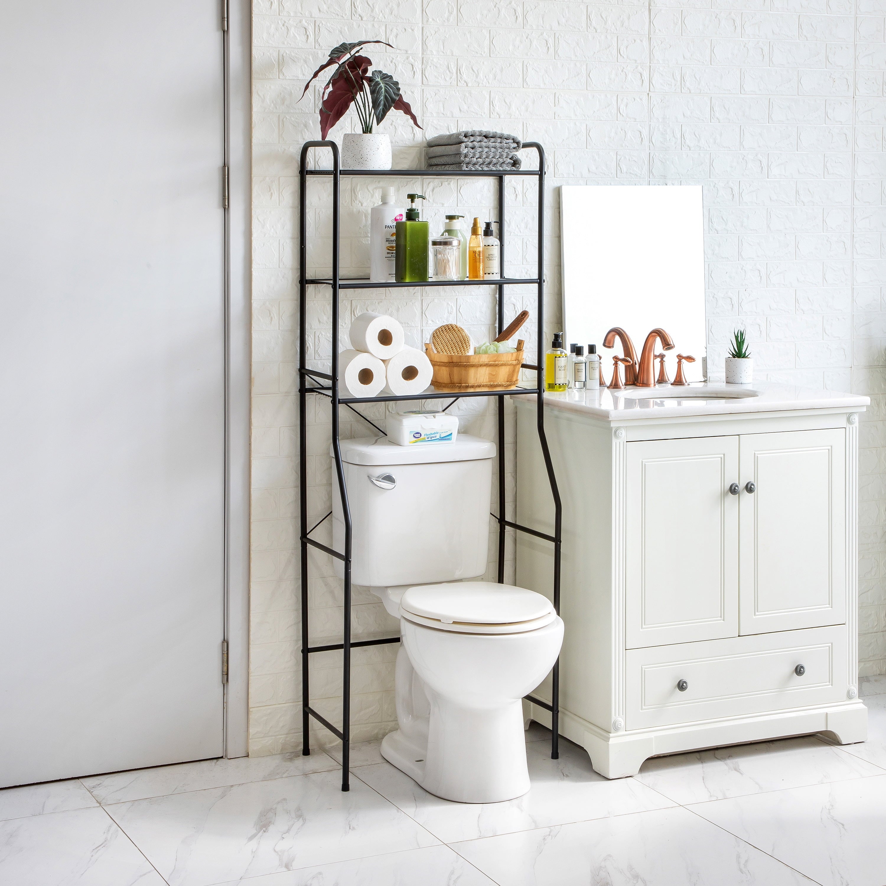 Black Over the Toilet Steel Storage Unit with 3 Shelves and Liners