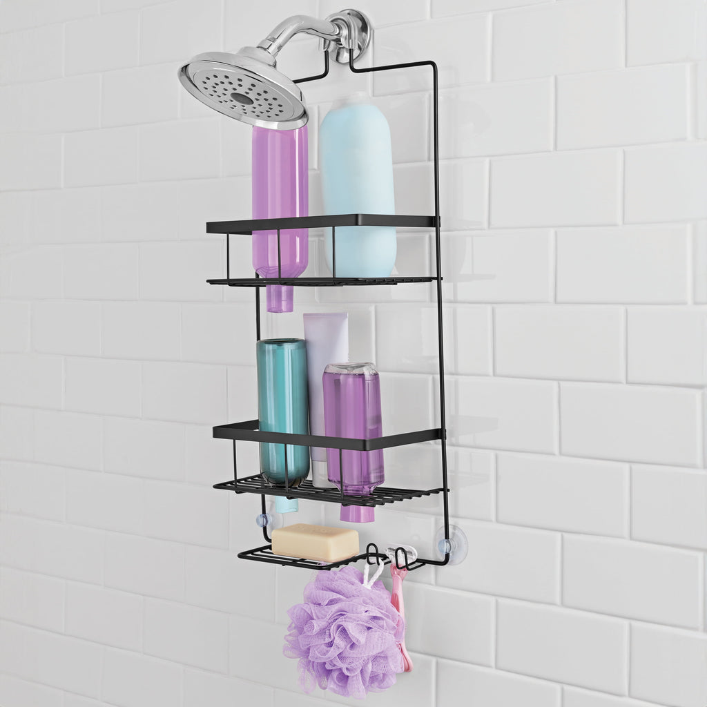Premium Matte Black Hanging Shower Caddy with 2 Shelves and Soap Tray