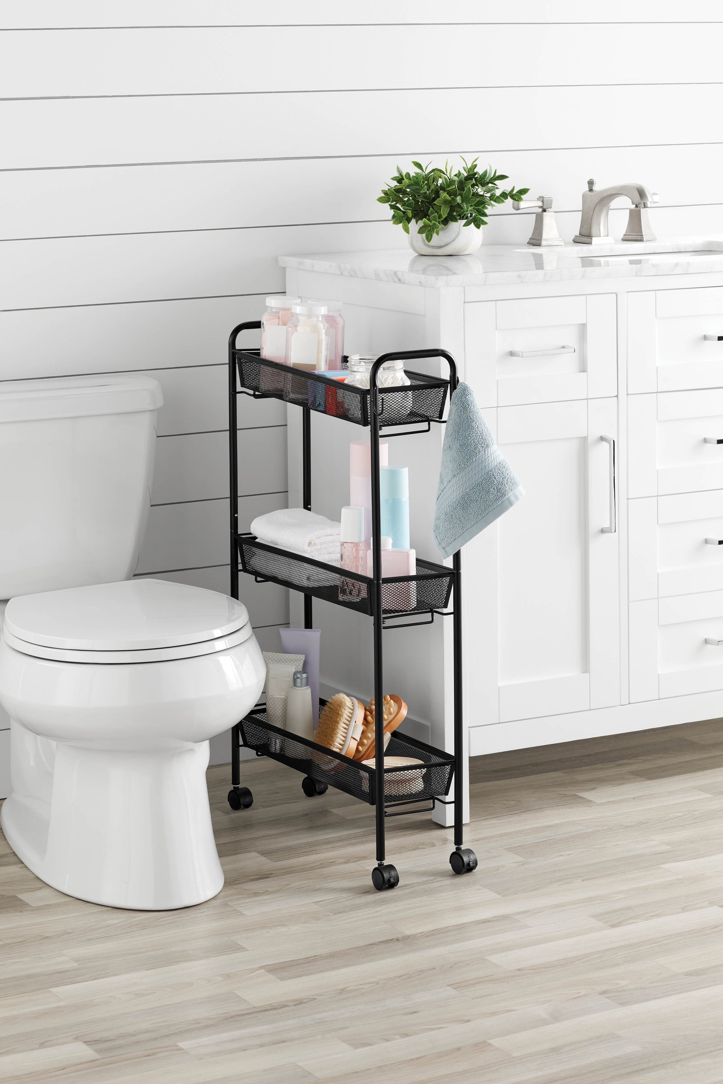 3-Tier Rolling Bathroom Storage Cart with Hooks, Black