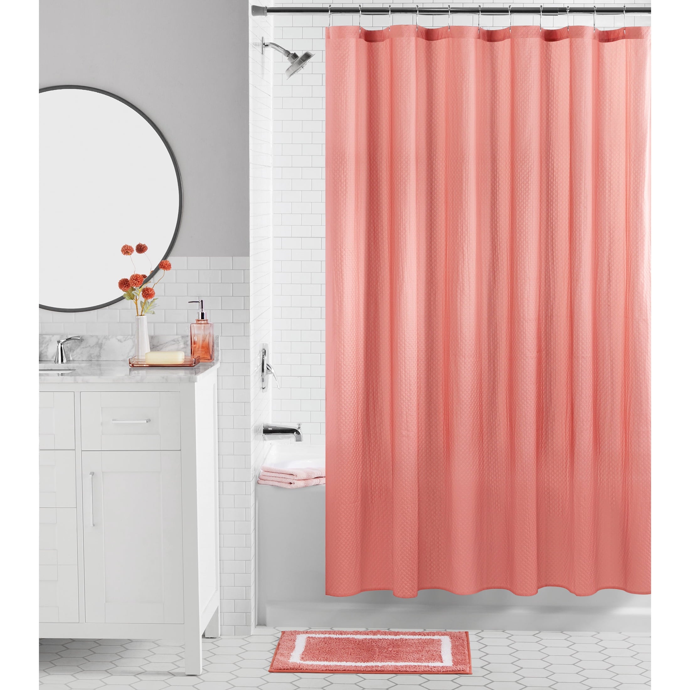 16-Piece Textured Shower Curtain Bathroom Set Fabric Curtain with Rug, Hooks, Soap Pump & Tray