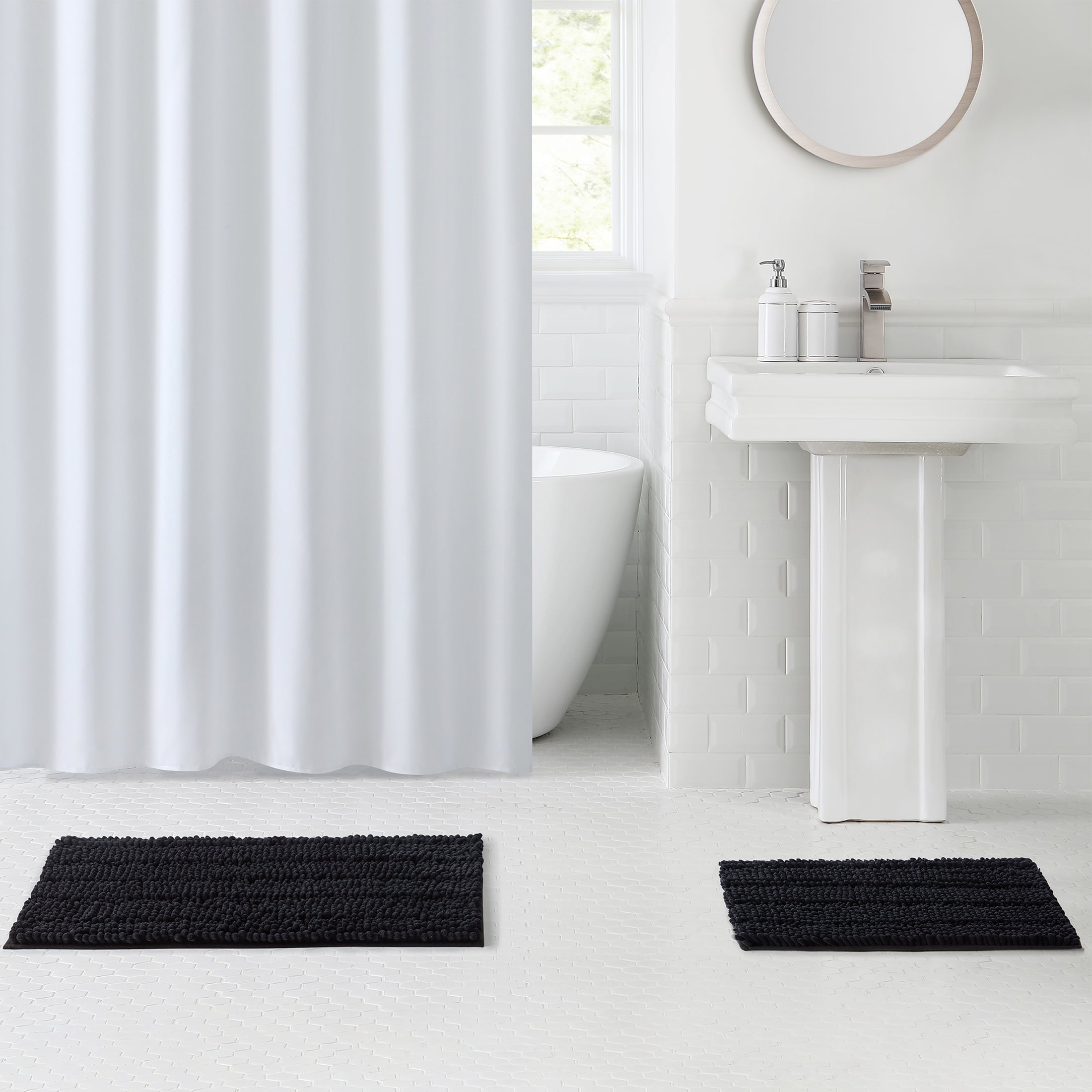 Black Chenille Polyester Bath Rug Set, 2-Piece