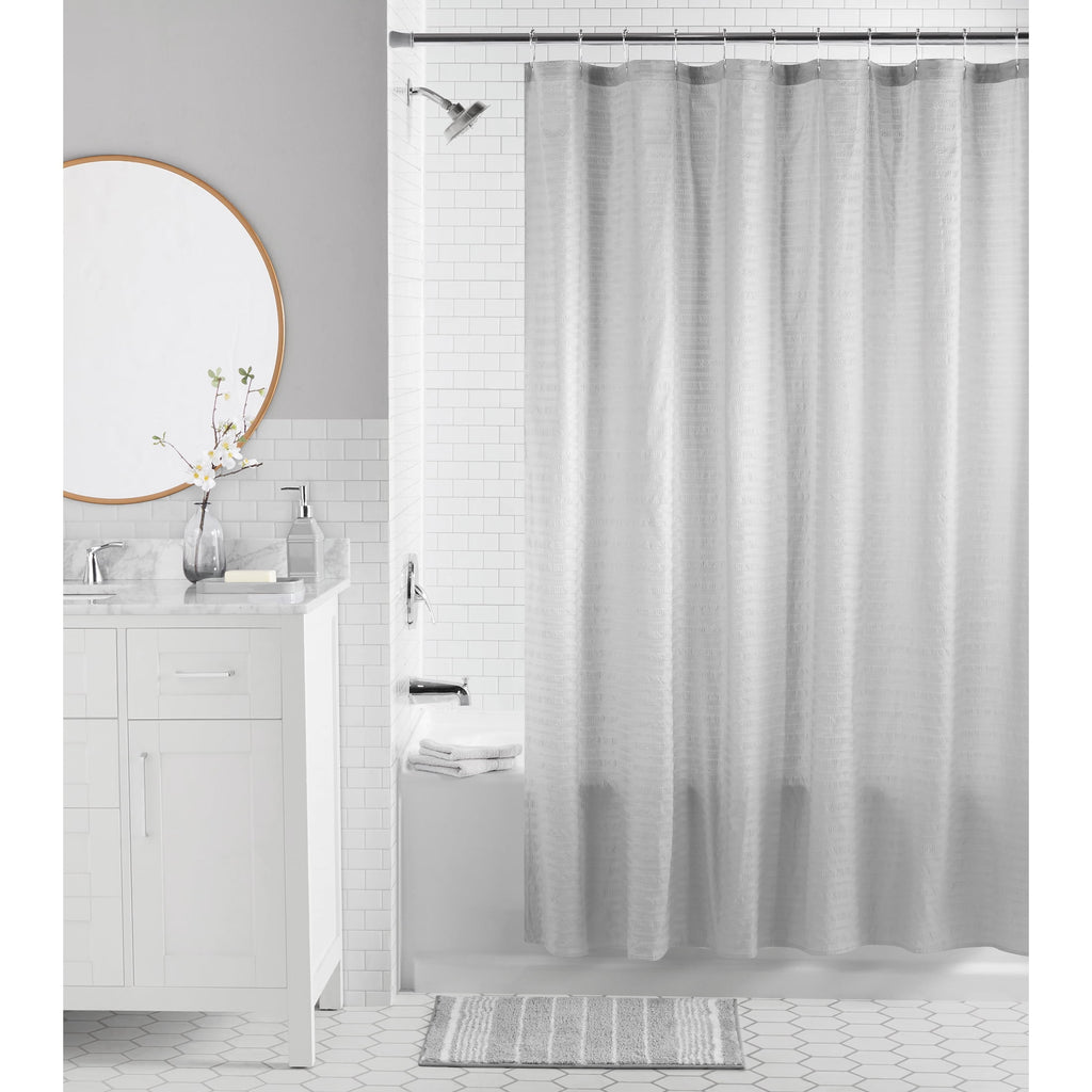 16-Piece Bathroom Shower Curtain Set – Soft Silver Fabric Curtain with Coordinated Bath Rug, Soap Pump & Tray