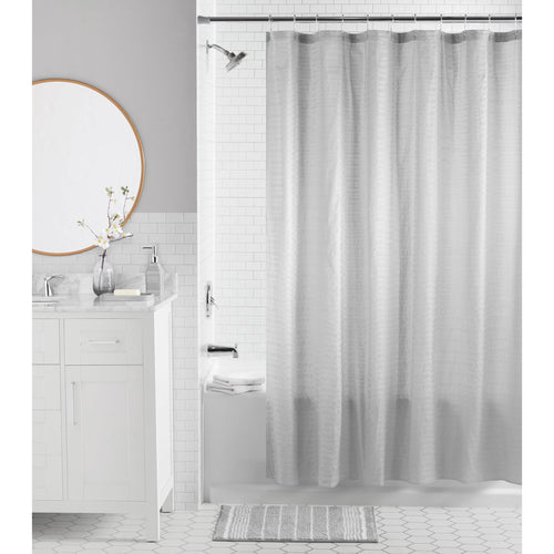 16-Piece Bathroom Shower Curtain Set – Soft Silver Fabric Curtain with Coordinated Bath Rug, Soap Pump & Tray