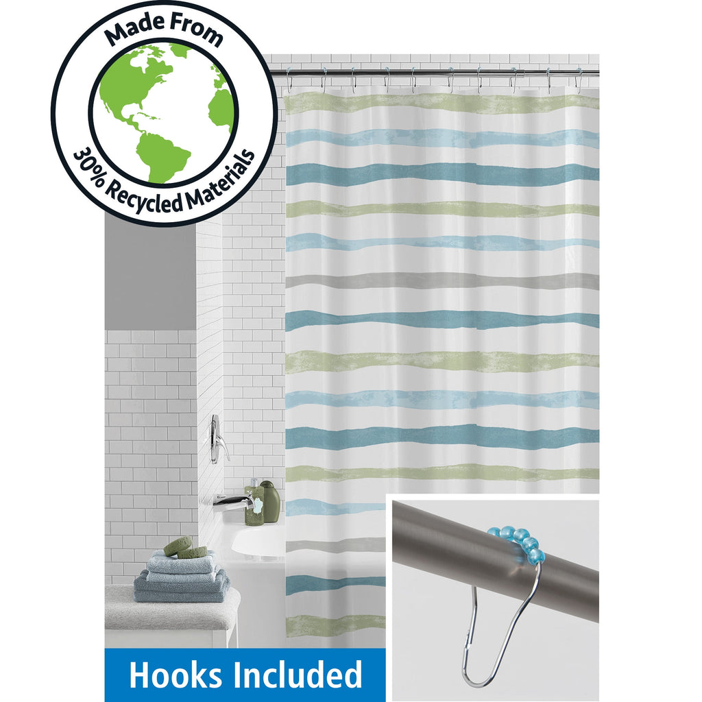 30% Recycled Watercolor Stripe Shower Curtain Set & Hooks, 13-Piece, Blue
