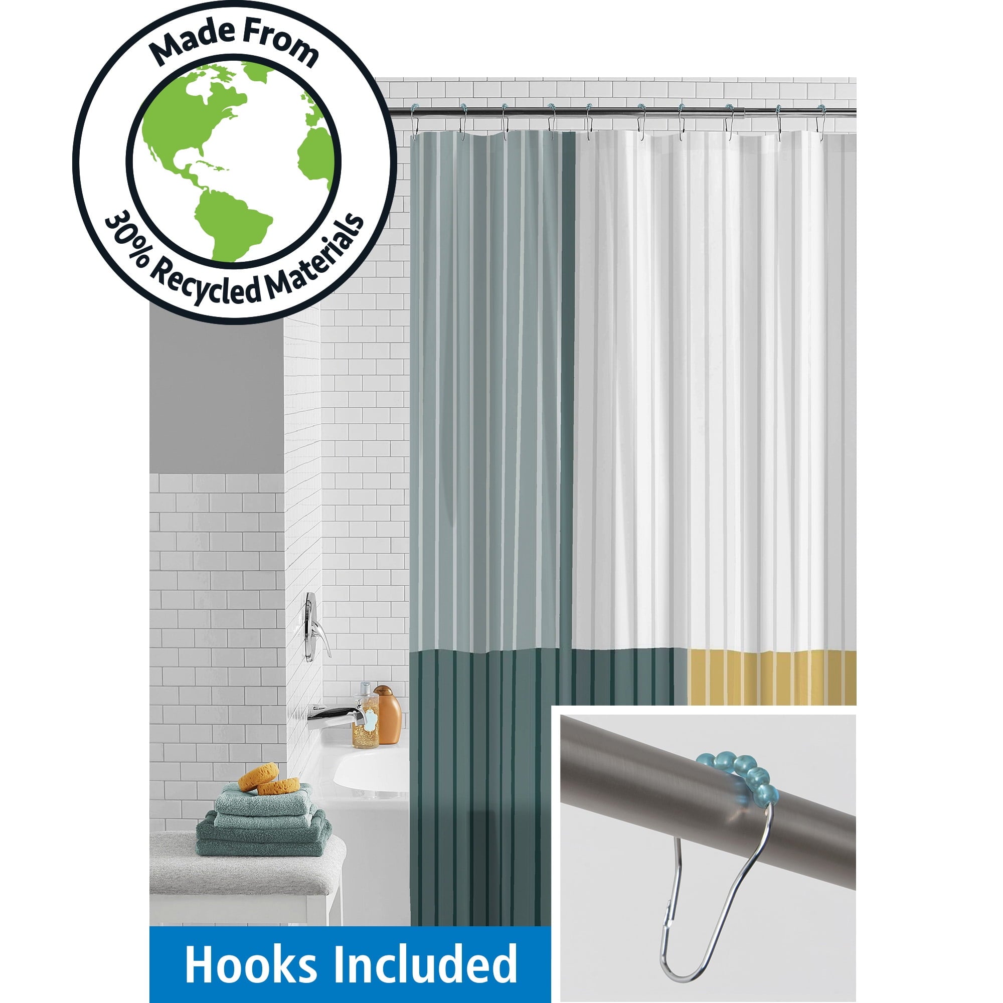 13-piece 30% Recycled Green Colorblock Stripe Shower Curtain & Hooks