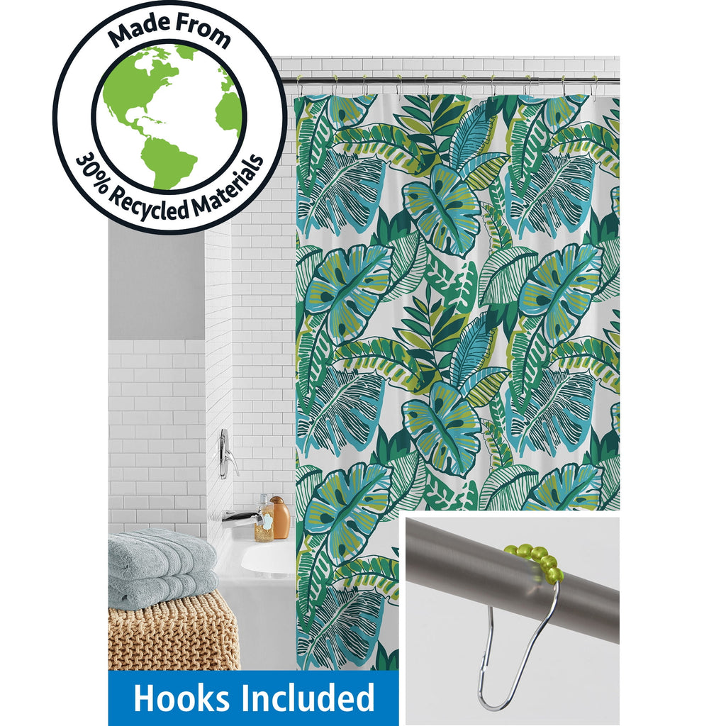 30% Recycled Tropical Palms Shower Curtain Set & Hooks, 13-Piece Green