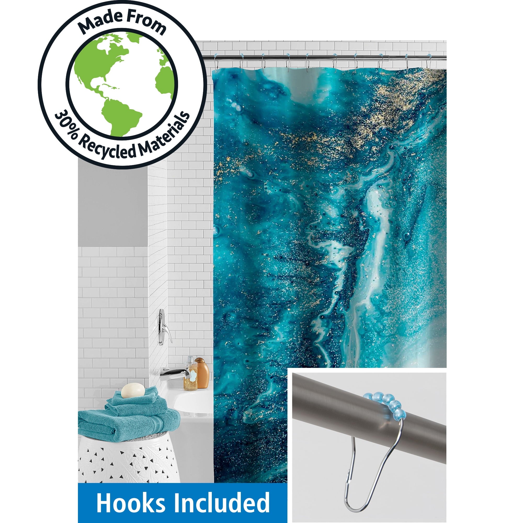 Marble 30% Recycled Shower Curtain Set & Hooks, 13-Piece, Blue