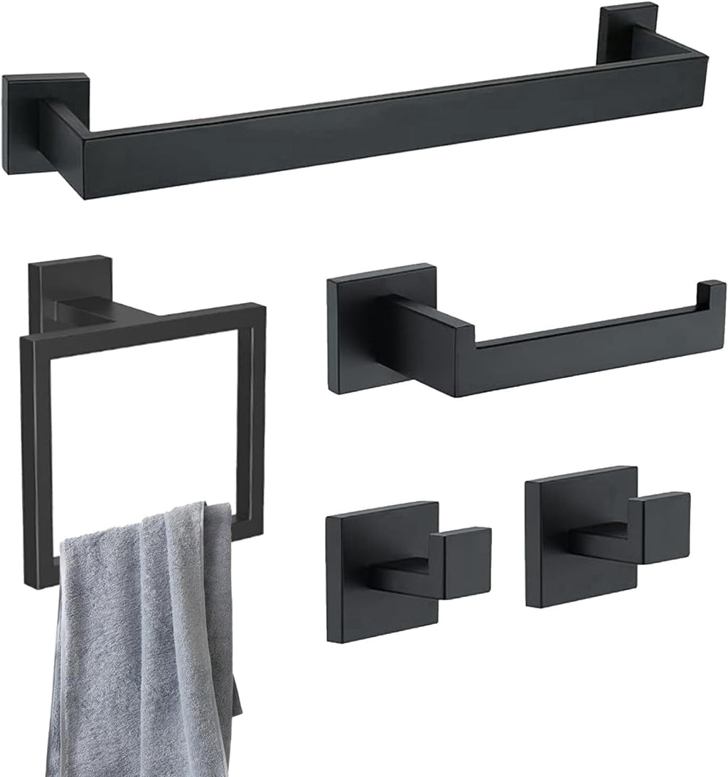 Black 5-Piece Square Bathroom Hardware Set with Towel Bar, Hook, Toilet Paper Holder and Ring（Black）