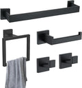 Black 5-Piece Square Bathroom Hardware Set with Towel Bar, Hook, Toilet Paper Holder and Ring（Black）