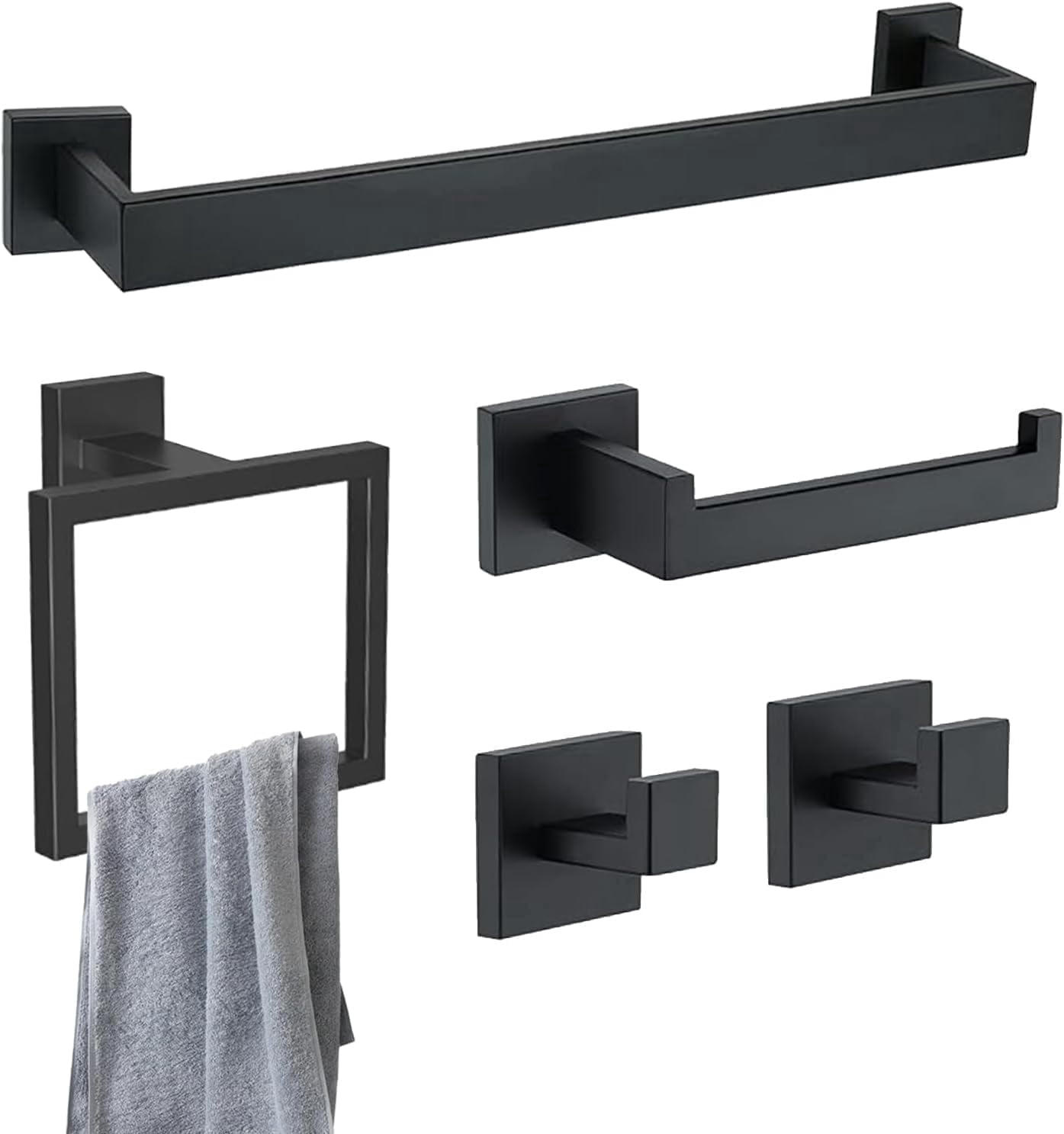 Black 5-Piece Square Bathroom Hardware Set with Towel Bar, Hook, Toilet Paper Holder and Ring（Black）