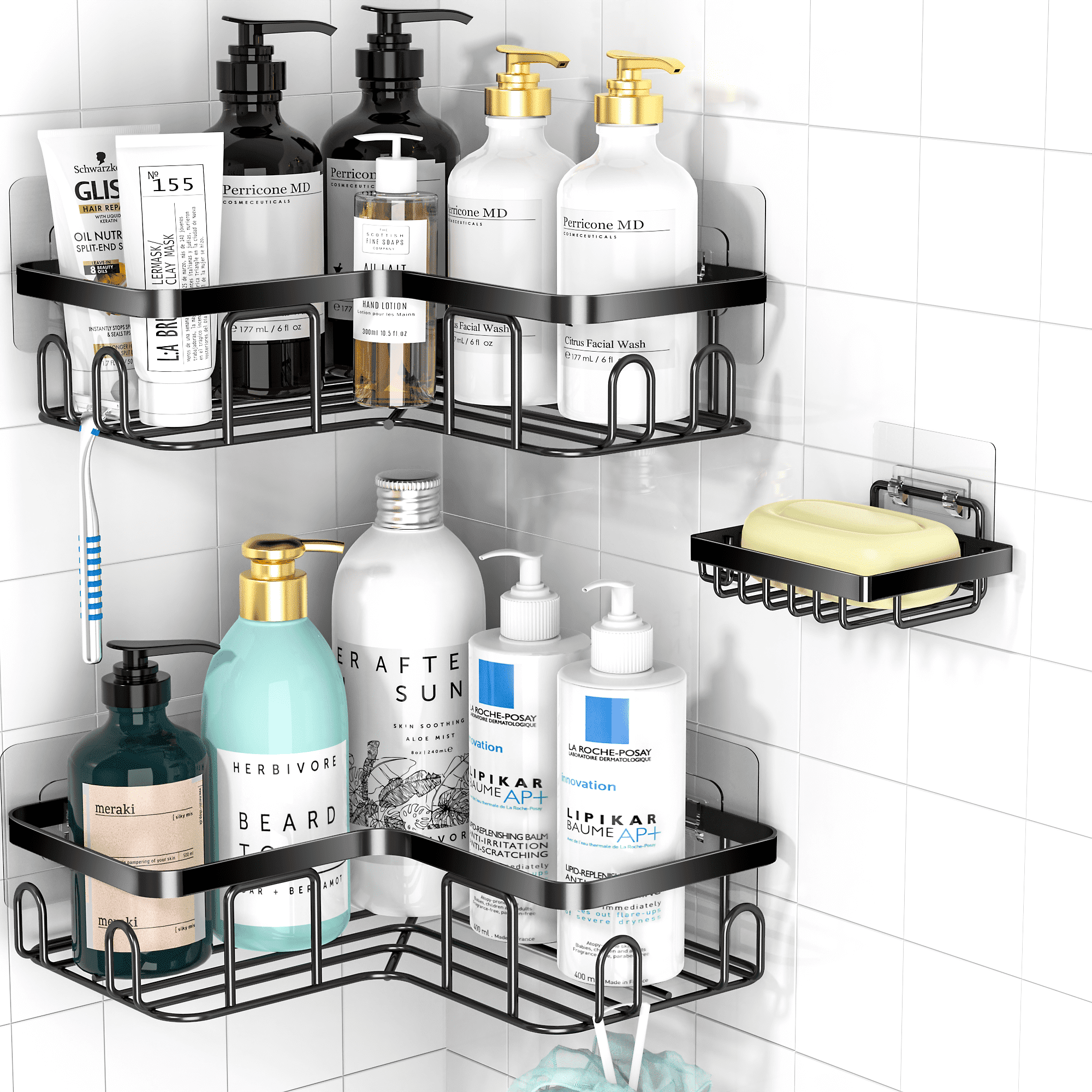 3 Pack Corner Shower Caddy,Adhesive Shower Caddy With Soap Holder And 20 Hooks, Rustproof Stainless Steel Shower Orga...