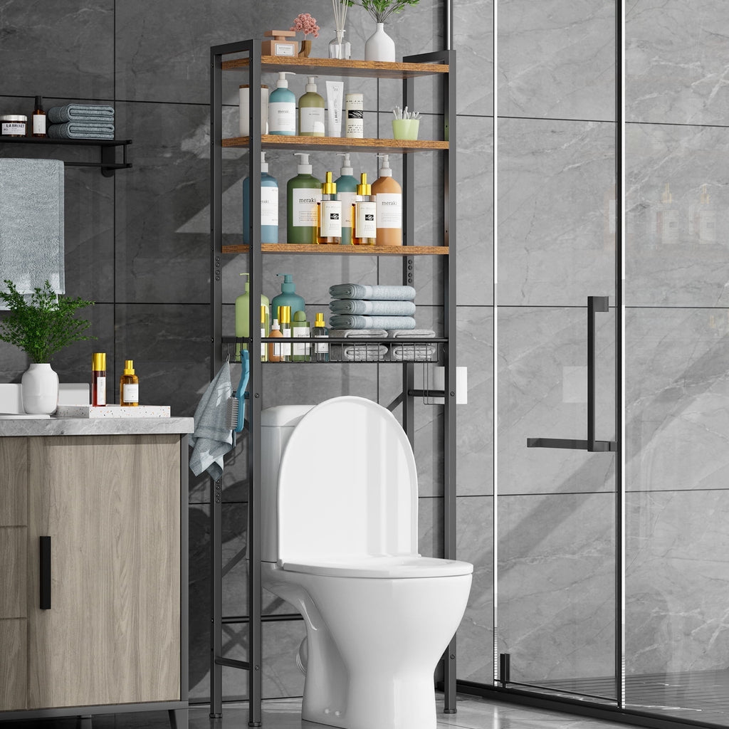 The Toilet Storage Shelf, 4-Tier Wooden Bathroom Organizer Adjustable Saver Space Rack with Toilet Paper Holder, Vint...