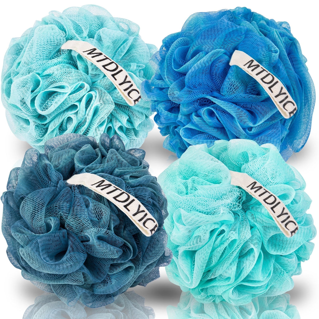 Large 100g 4 Pack, Bath Soft Mesh Shower for Men, Body Scrub, Shower Pouf Bath Accessories, for Body Wash, Soap (Blue)