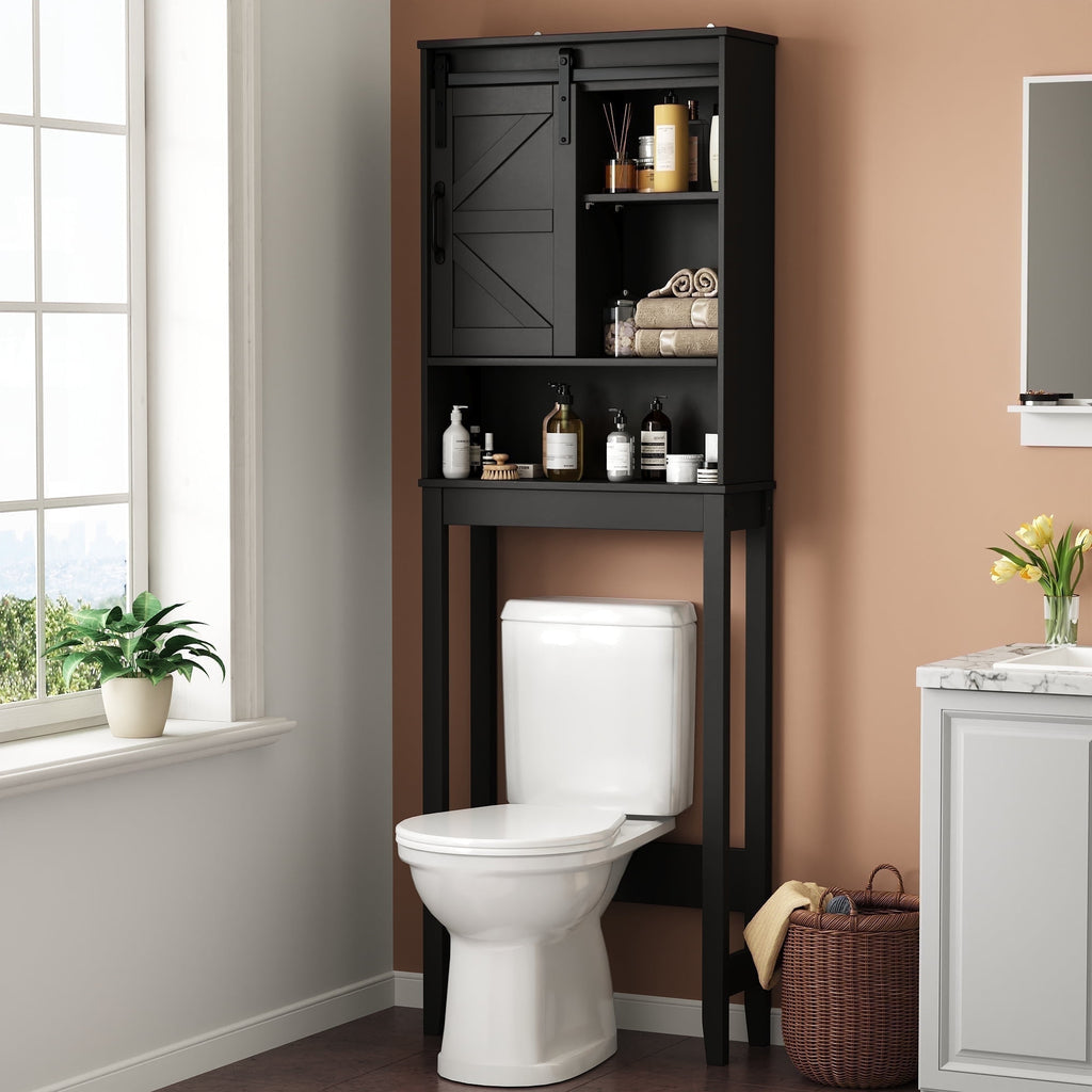 Over the Toilet Storage Cabinet, Bathroom Space Saver Organizer with Sliding Barn Door, Anti-Tipping Design, Waterproof, Adjustable Shelves