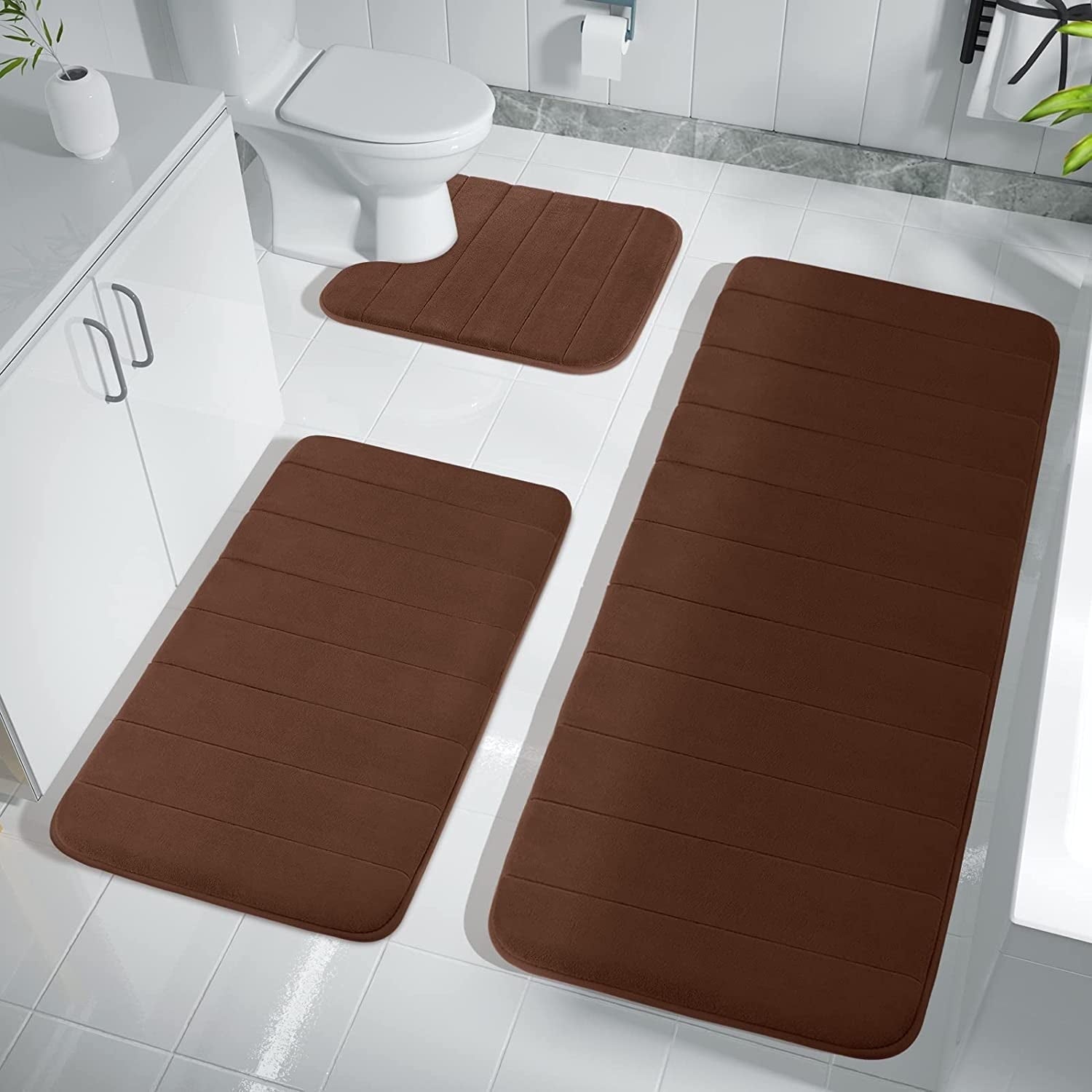 3 Piece Memory Foam Bath Mat Set with U-Shaped Toilet Mat Bathroom Rugs Soft Comfortable Water Absorption Bath Carpet...