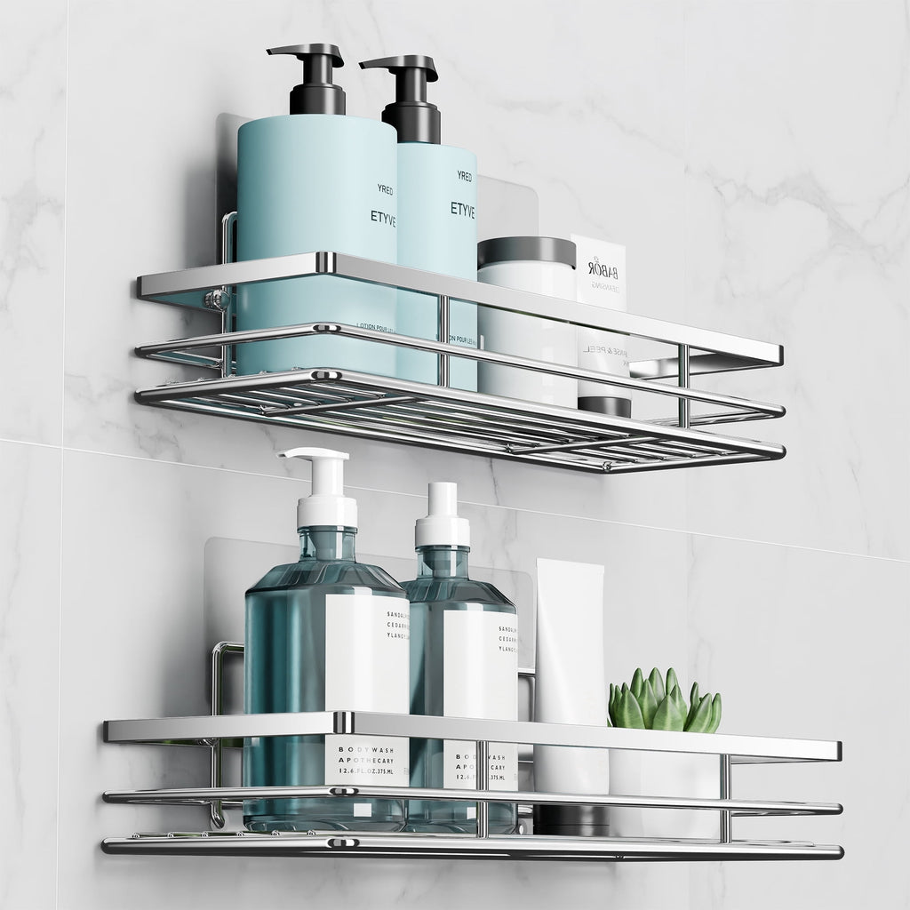 2 Pack Shower Caddies Bathroom Organizer Shower Basket No Drilling Wall Mounted Shower Rack Silver with Self-Adhesive...
