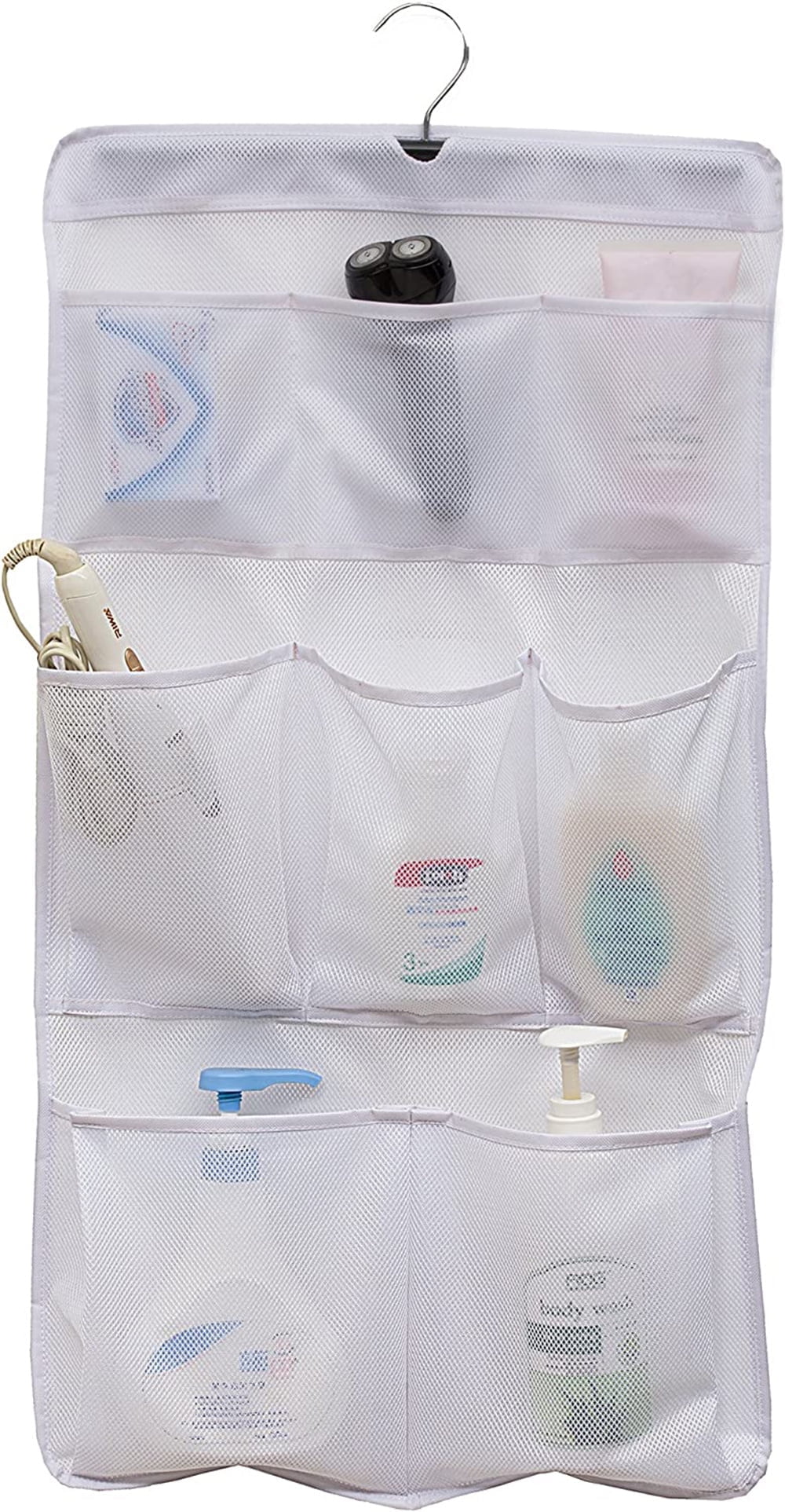 NOGIS 8 Pockets Mesh Shower Organizer Hanging Caddy with Rotating Hanger Quick Dry Bathroom Storage（1 Curtain Rings）