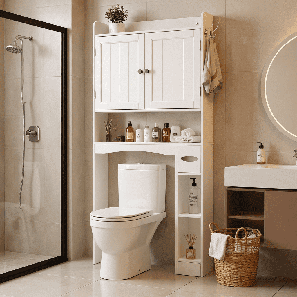 Noelse  Over the Toilet Storage Cabinet, Over Toilet Bathroom Organizer with 2 Doors, Adjustable Shelves, Toilet Paper Holder, 2 Side Hooks,