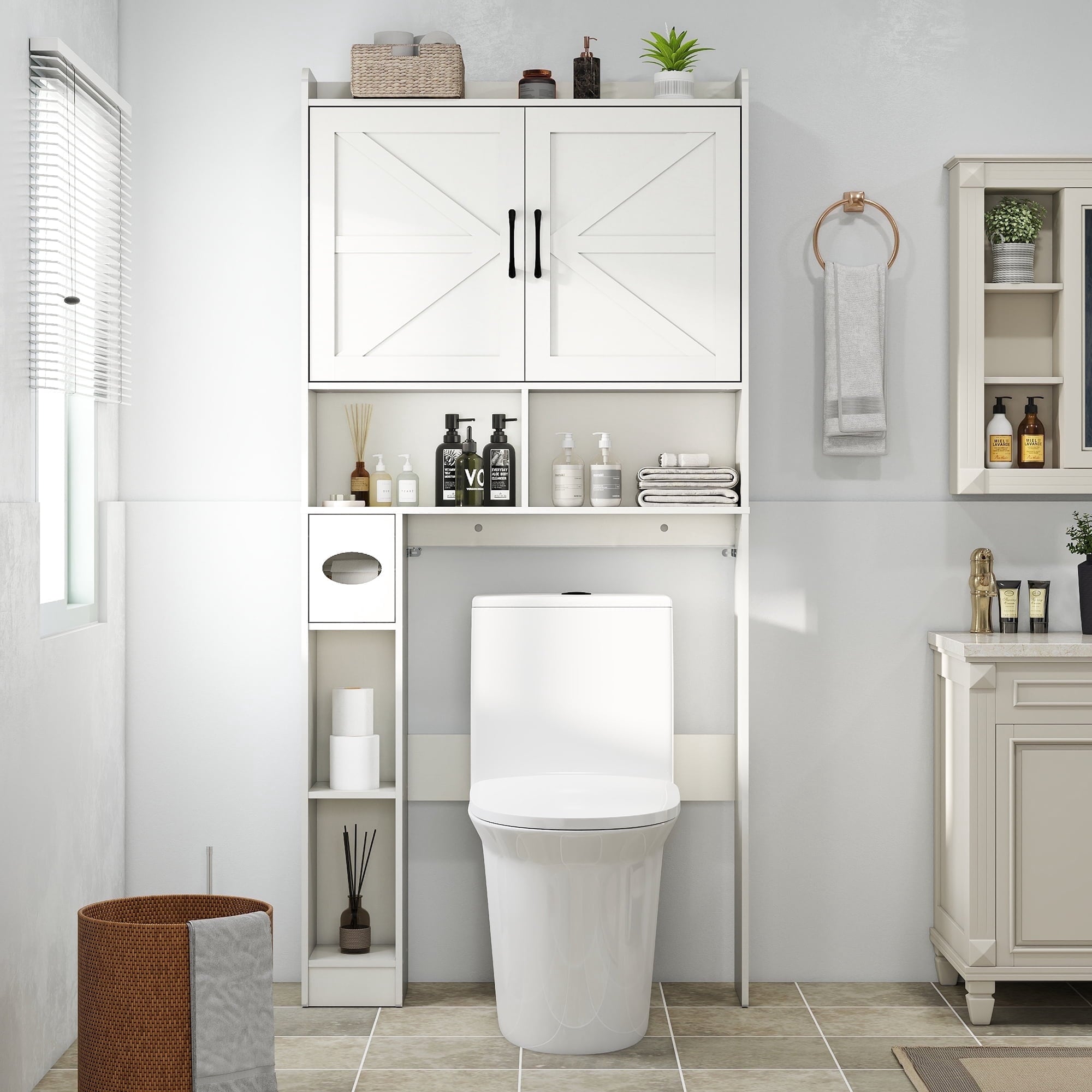 OMOCCUIT Over The Toilet Storage Cabinet with Toilet Paper Holder Stand, Farmhouse Storage Cabinet Over Toilet with Barn Door, Home Space-Sa