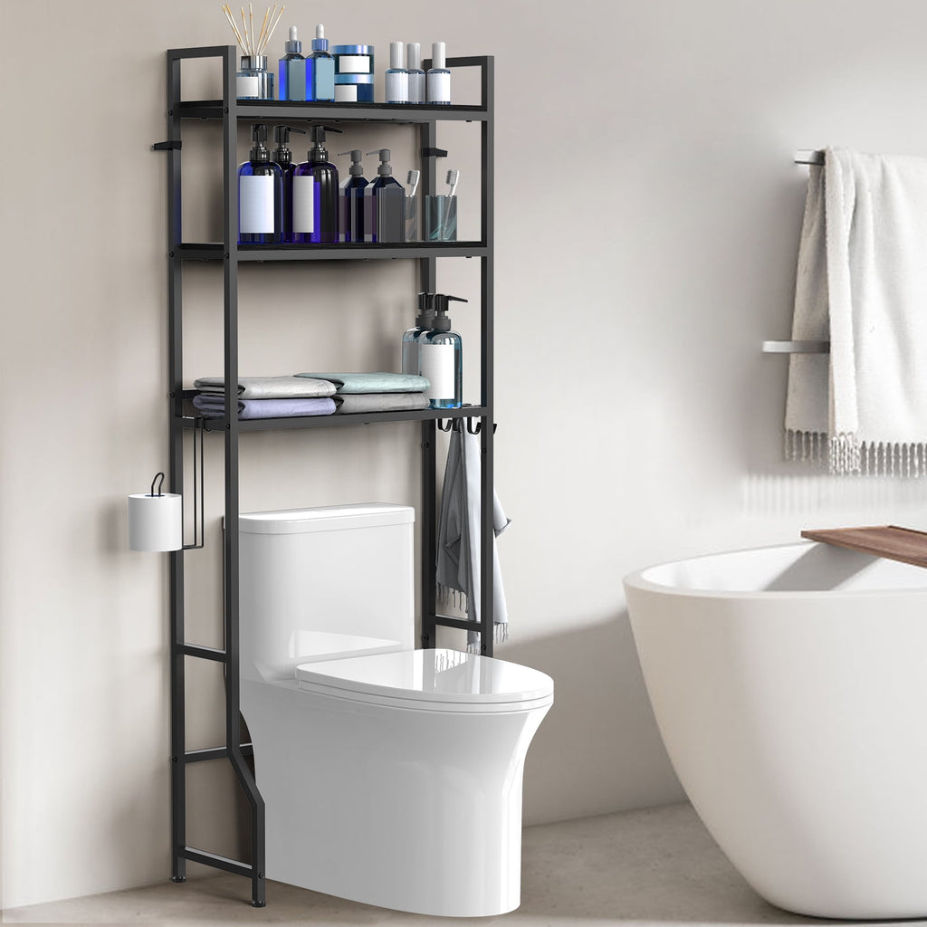 3-Tier Storage Cabinet, Black Freestanding Bathroom Organizer with 4 Hooks for Restroom and Laundry Room