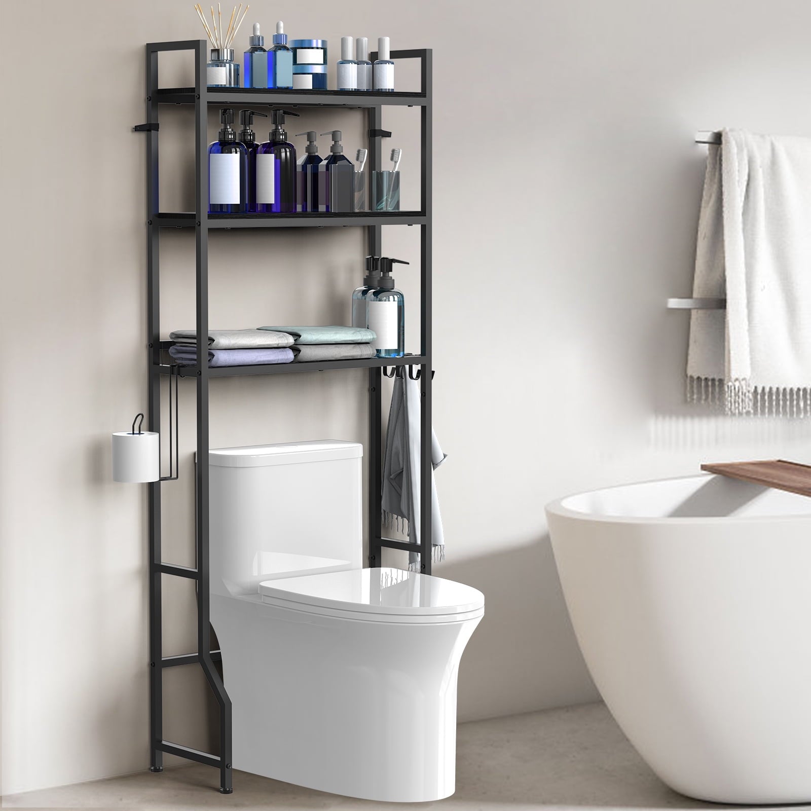 3-Tier Storage Cabinet, Black Freestanding Bathroom Organizer with 4 Hooks for Restroom and Laundry Room