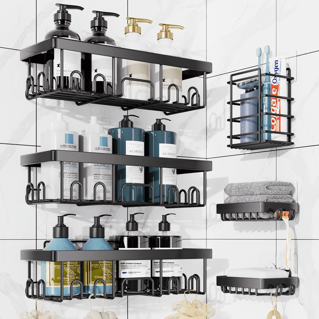 Caddy 6 Count, Large Capacity Bathroom Organizers and Storage, No Drilling Wall-Mounted Basket, Black