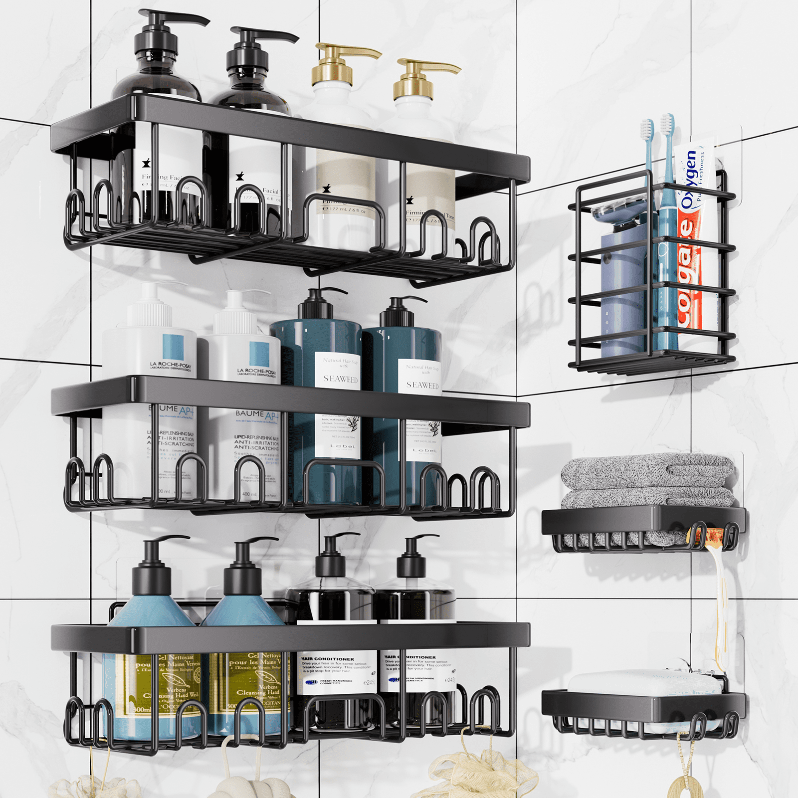 Caddy 6 Count, Large Capacity Bathroom Organizers and Storage, No Drilling Wall-Mounted Basket, Black