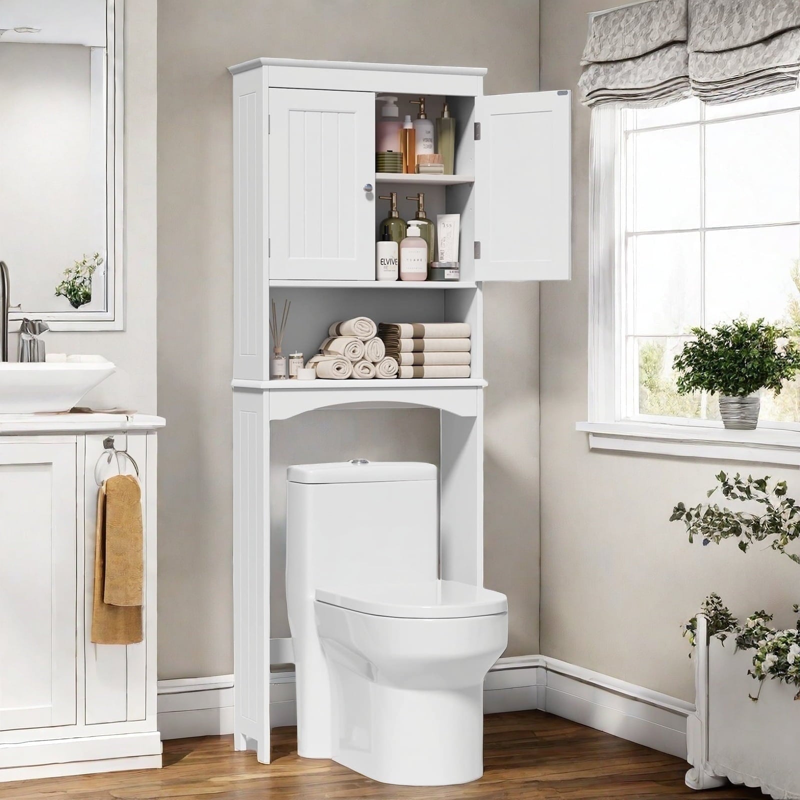 the Toilet Storage Cabinet - White Bathroom Shelf Organizer with Adjustable Shelf, Anti-Tip Device, Space-Saving Free...