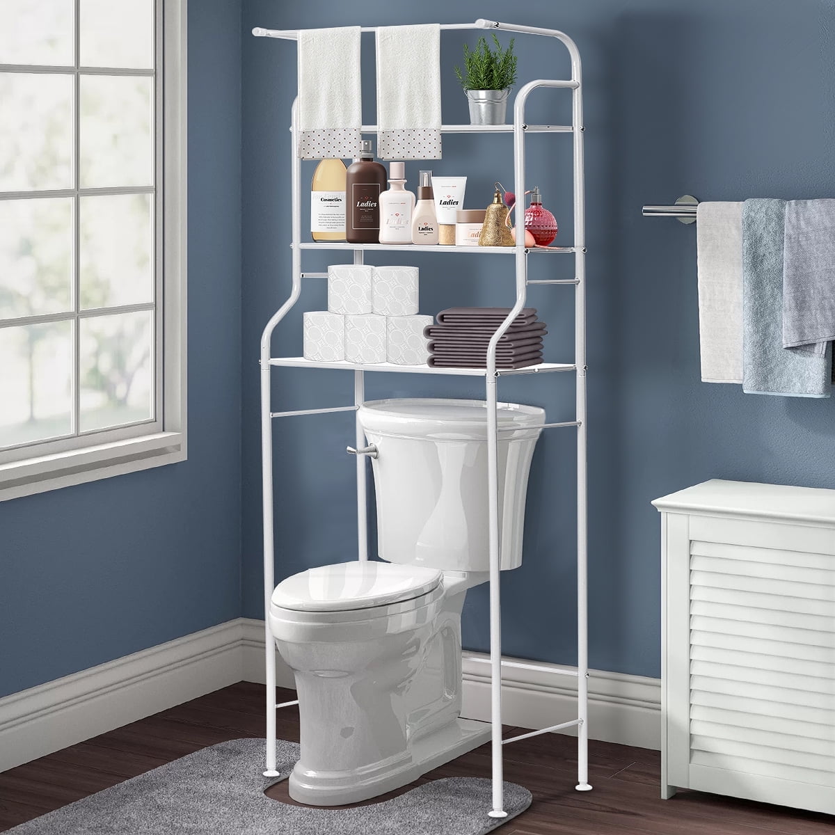 Over The Toilet Storage HONEIER  3 Tier Bathroom Shelf with Towels Hanging Rod, 62*24 inch Metal Bathroom Organizer Storage Rack, White